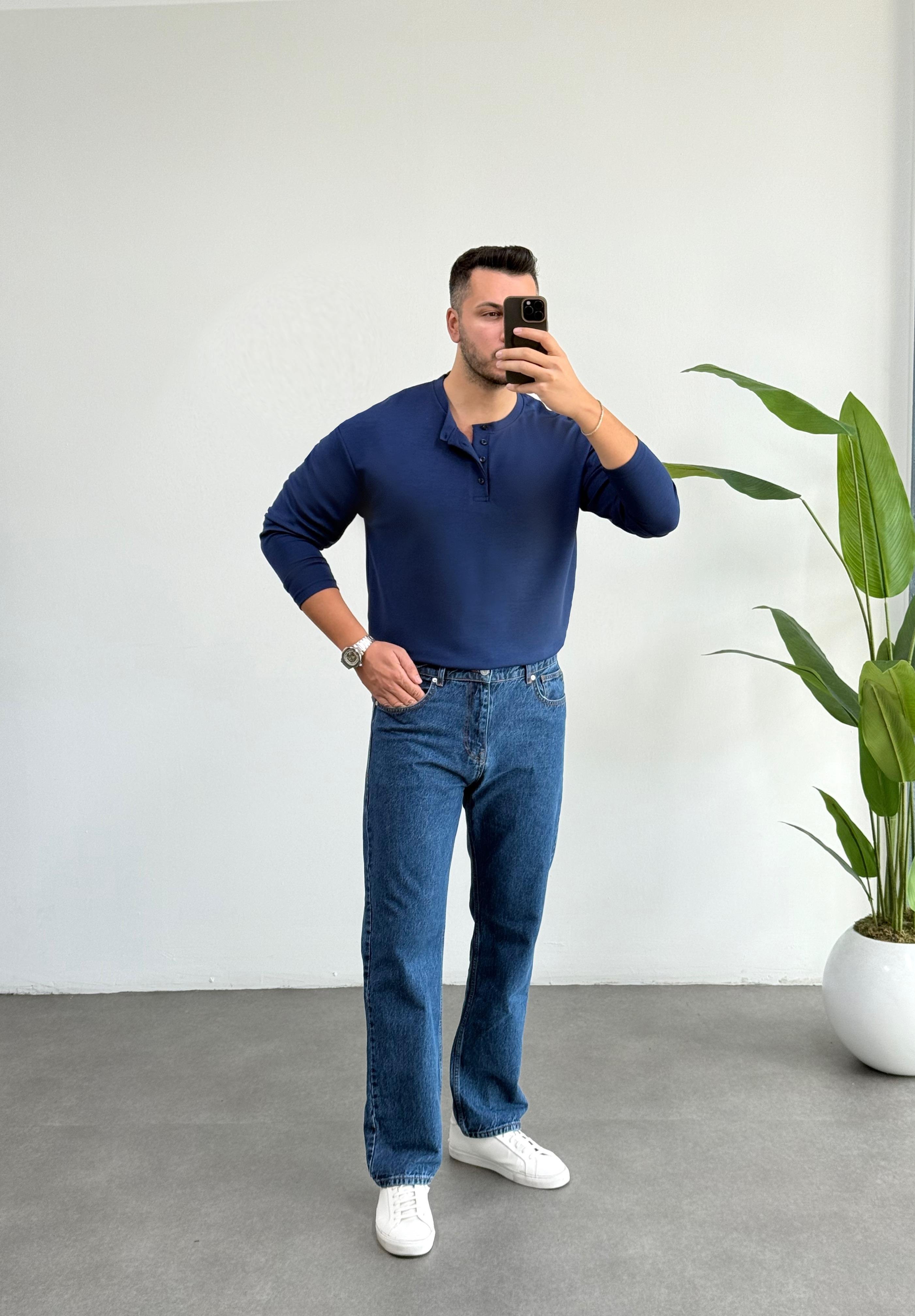 Dokulu Oysho Yaka Düğmeli Lacivert Sweat