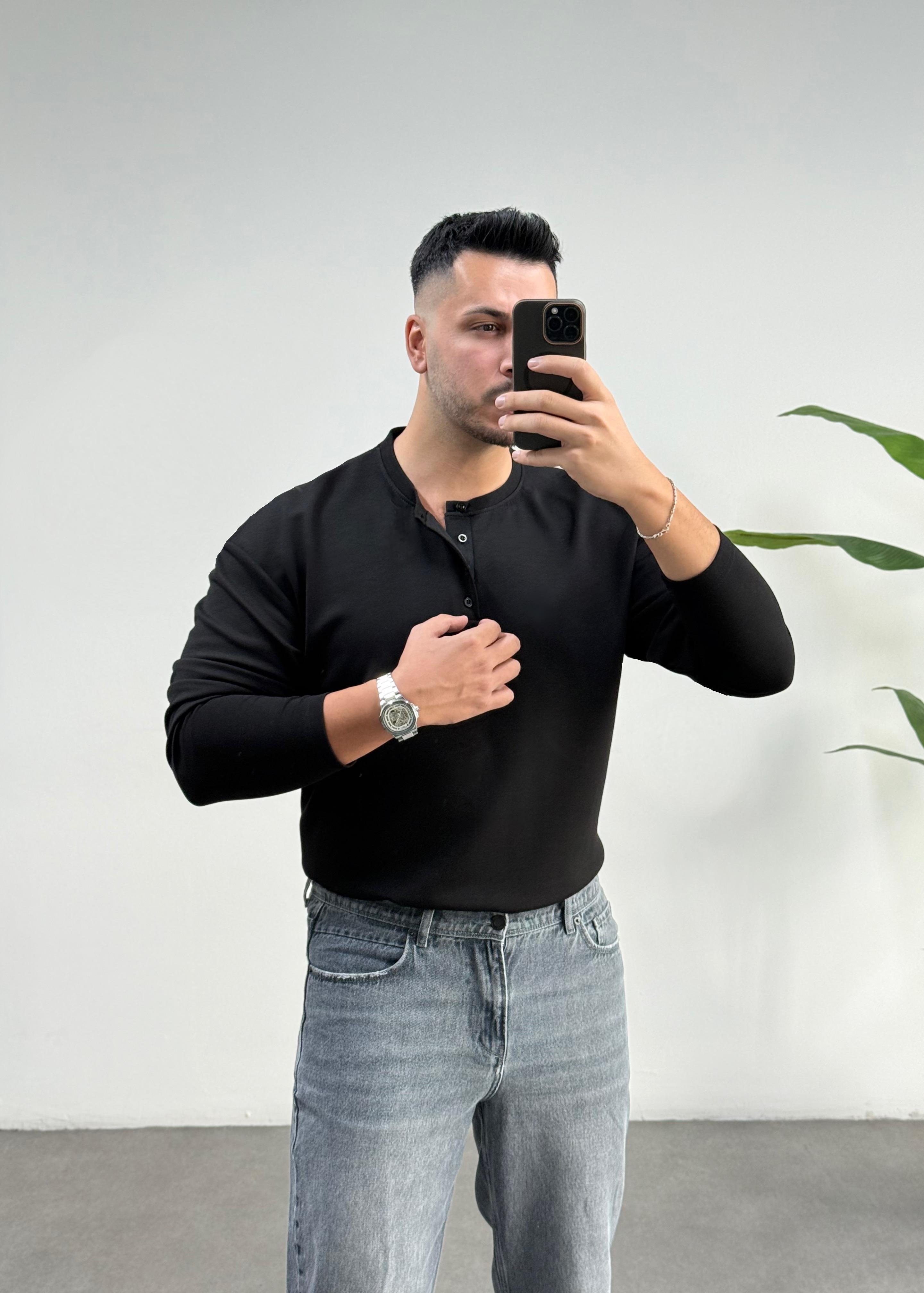 Dokulu Oysho Yaka Düğmeli Siyah Sweat