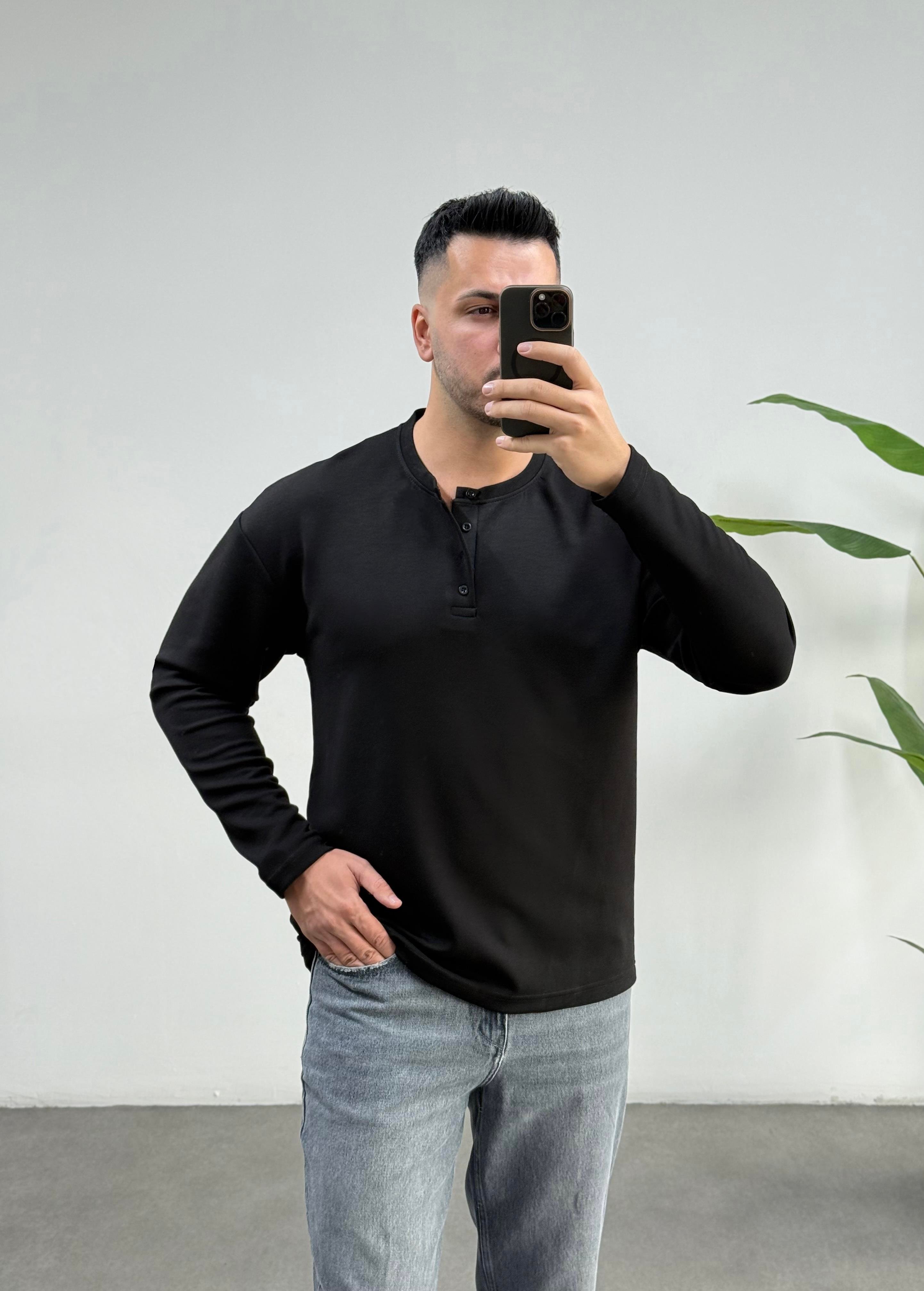 Dokulu Oysho Yaka Düğmeli Siyah Sweat