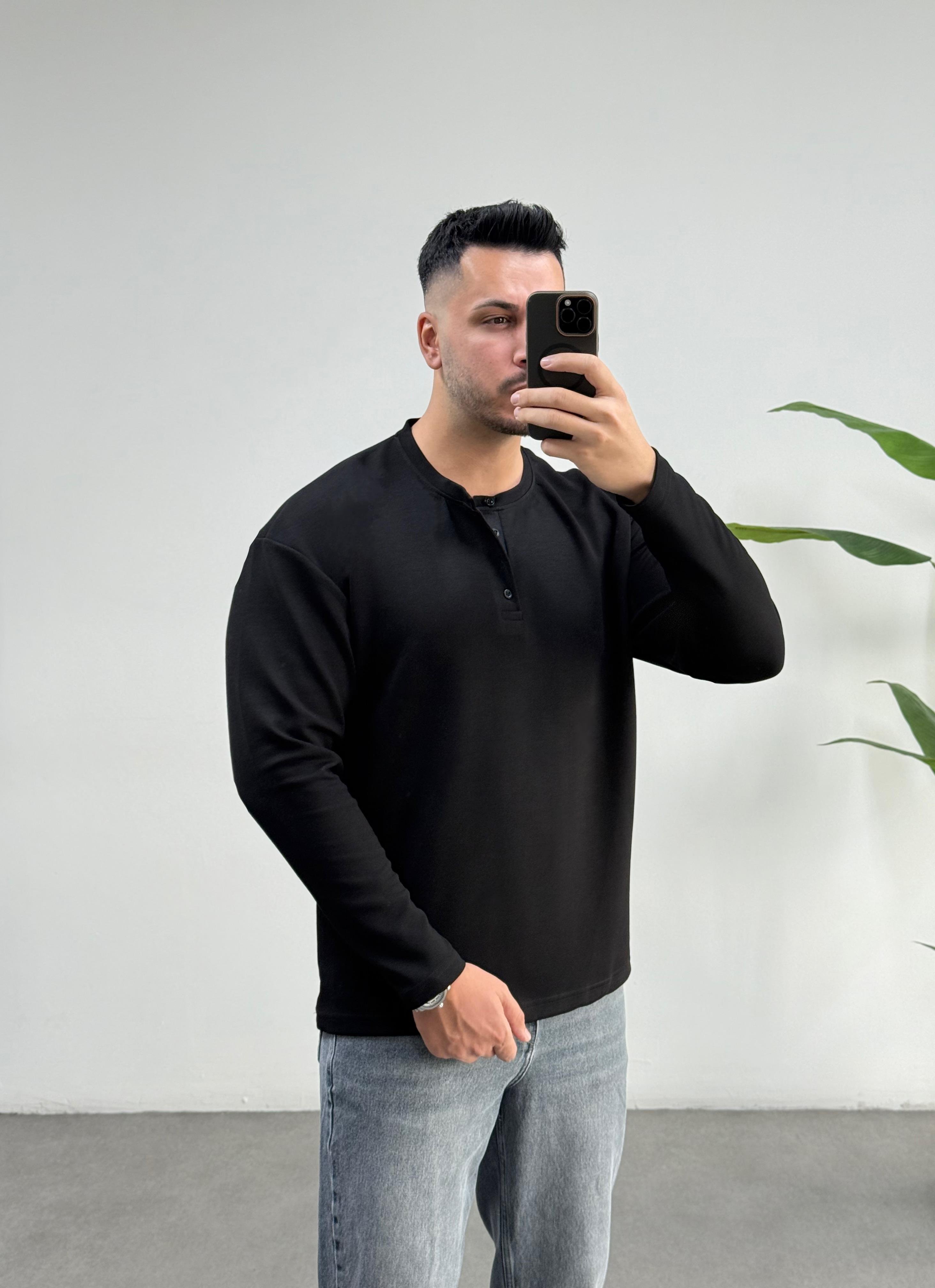 Dokulu Oysho Yaka Düğmeli Siyah Sweat