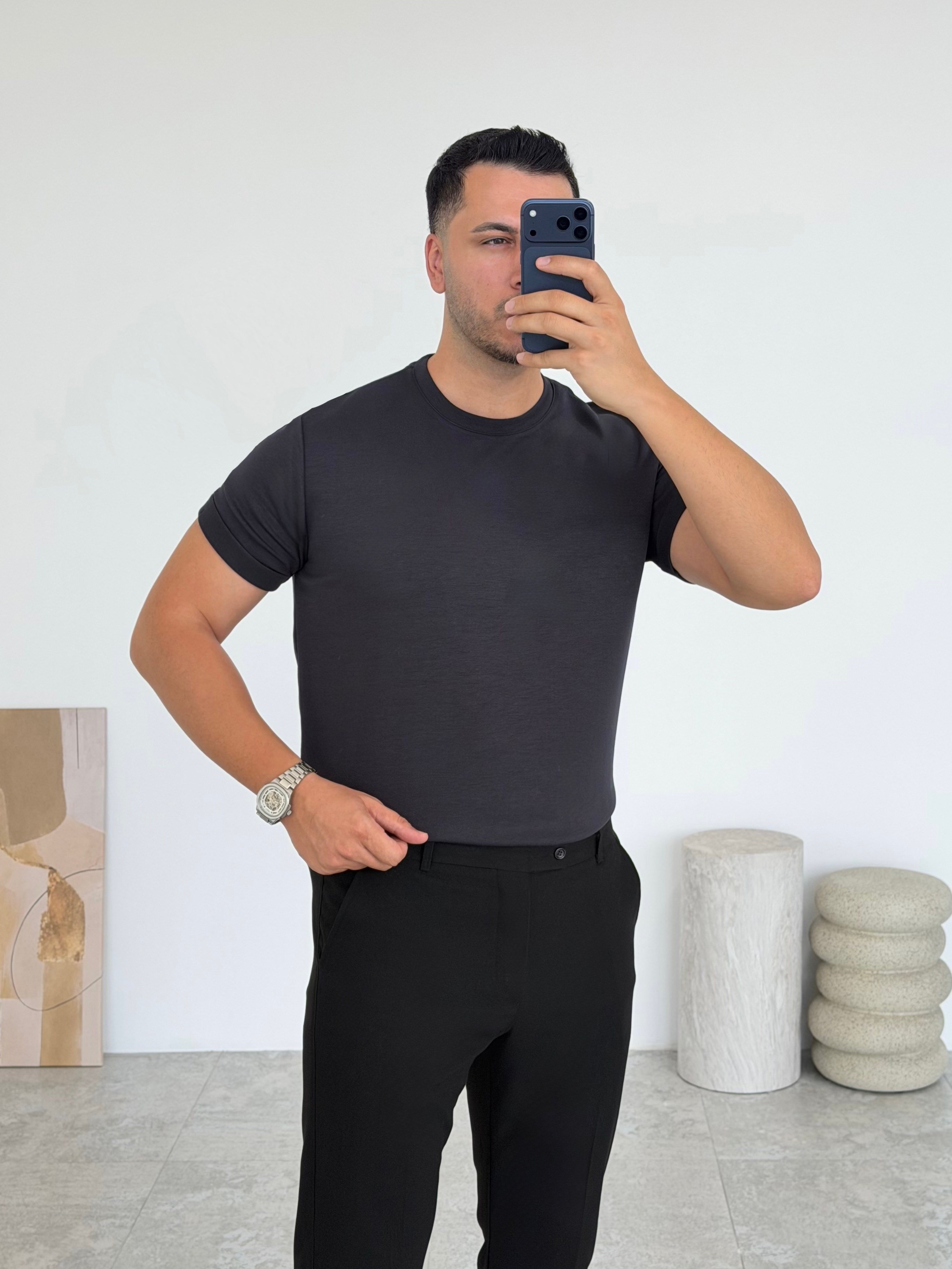 Double Face Yarım Oversize Antrasit Tişört