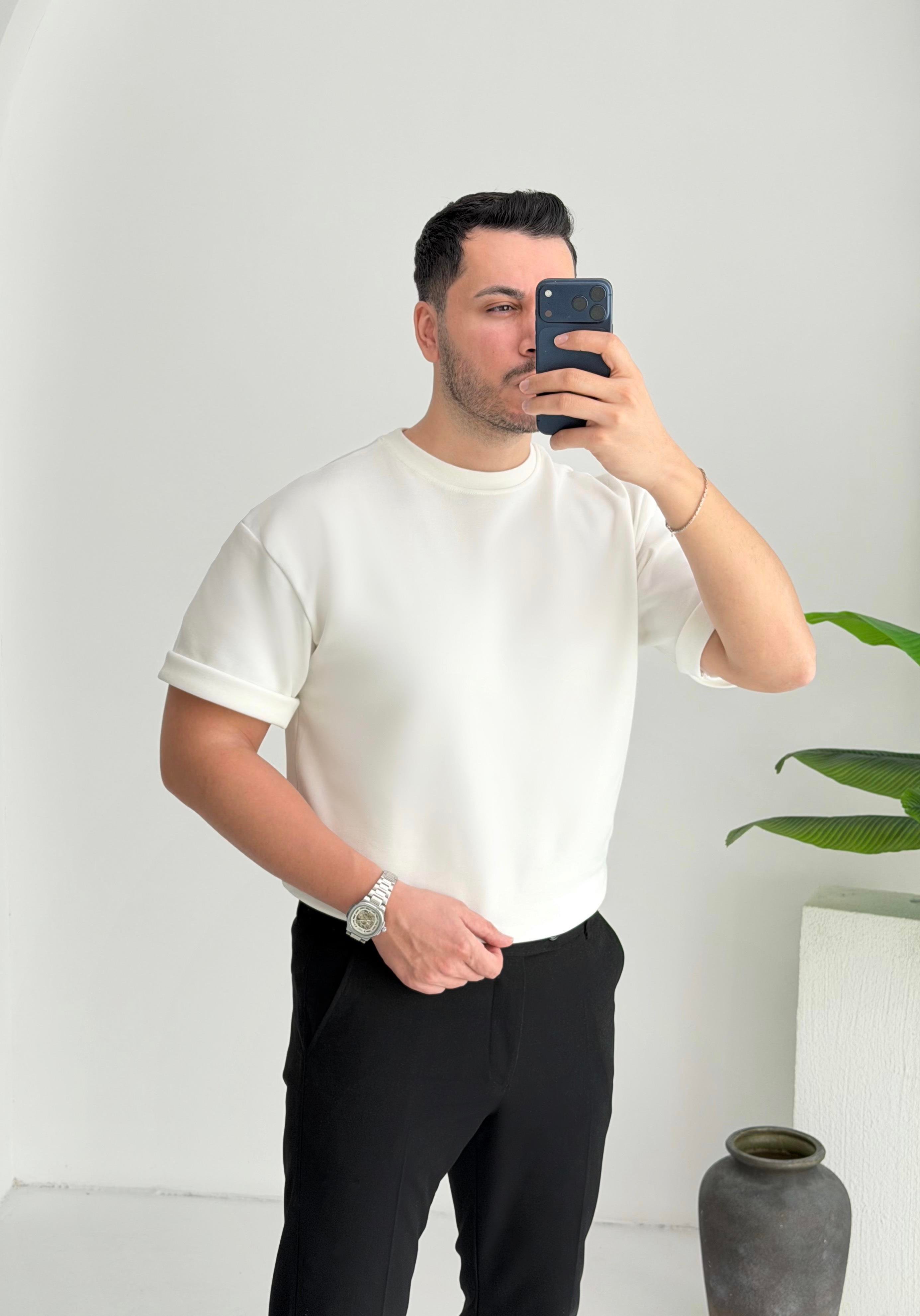 Double Face Yarım Oversize Beyaz Tişört