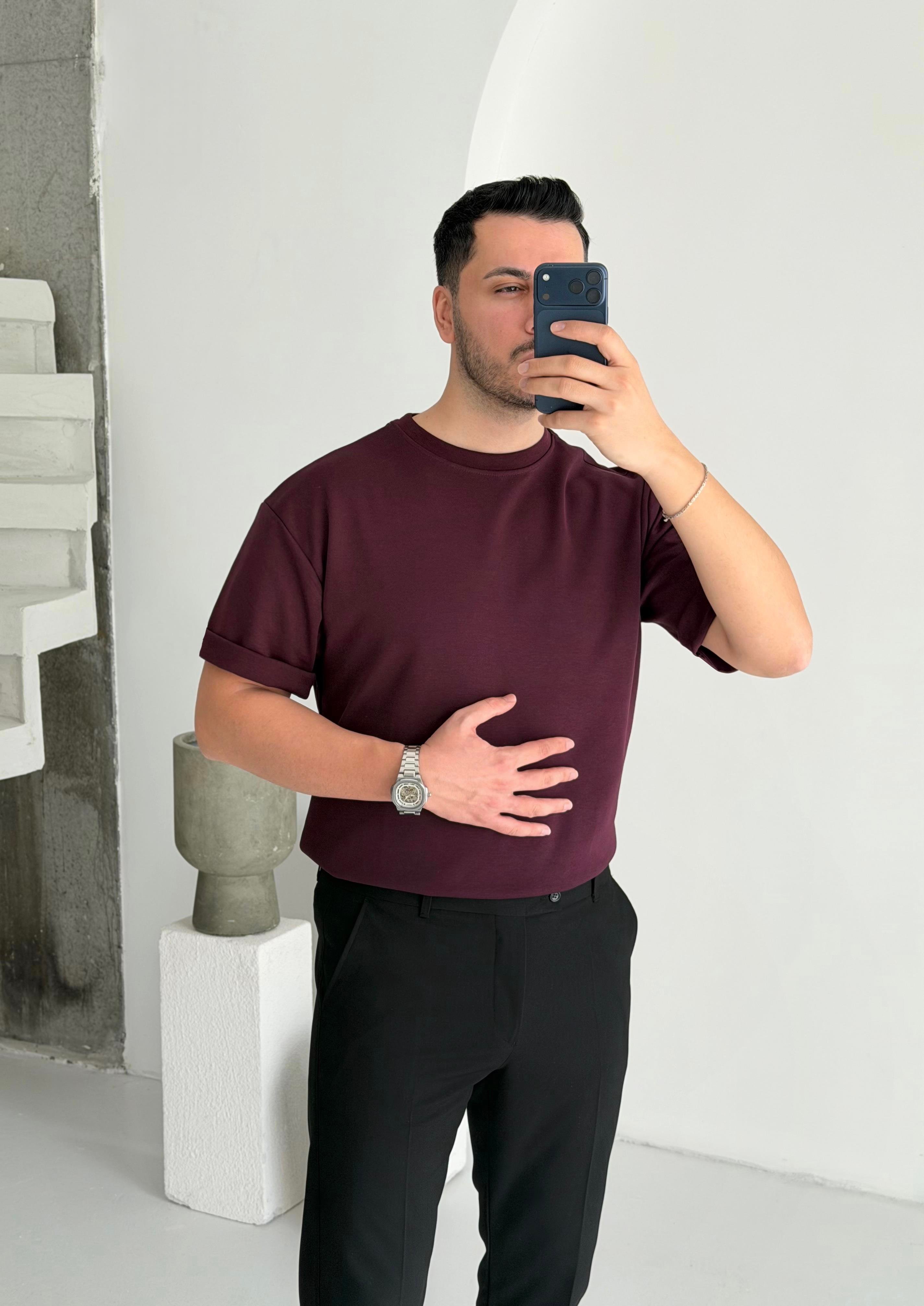 Double Face Yarım Oversize Bordo Tişört