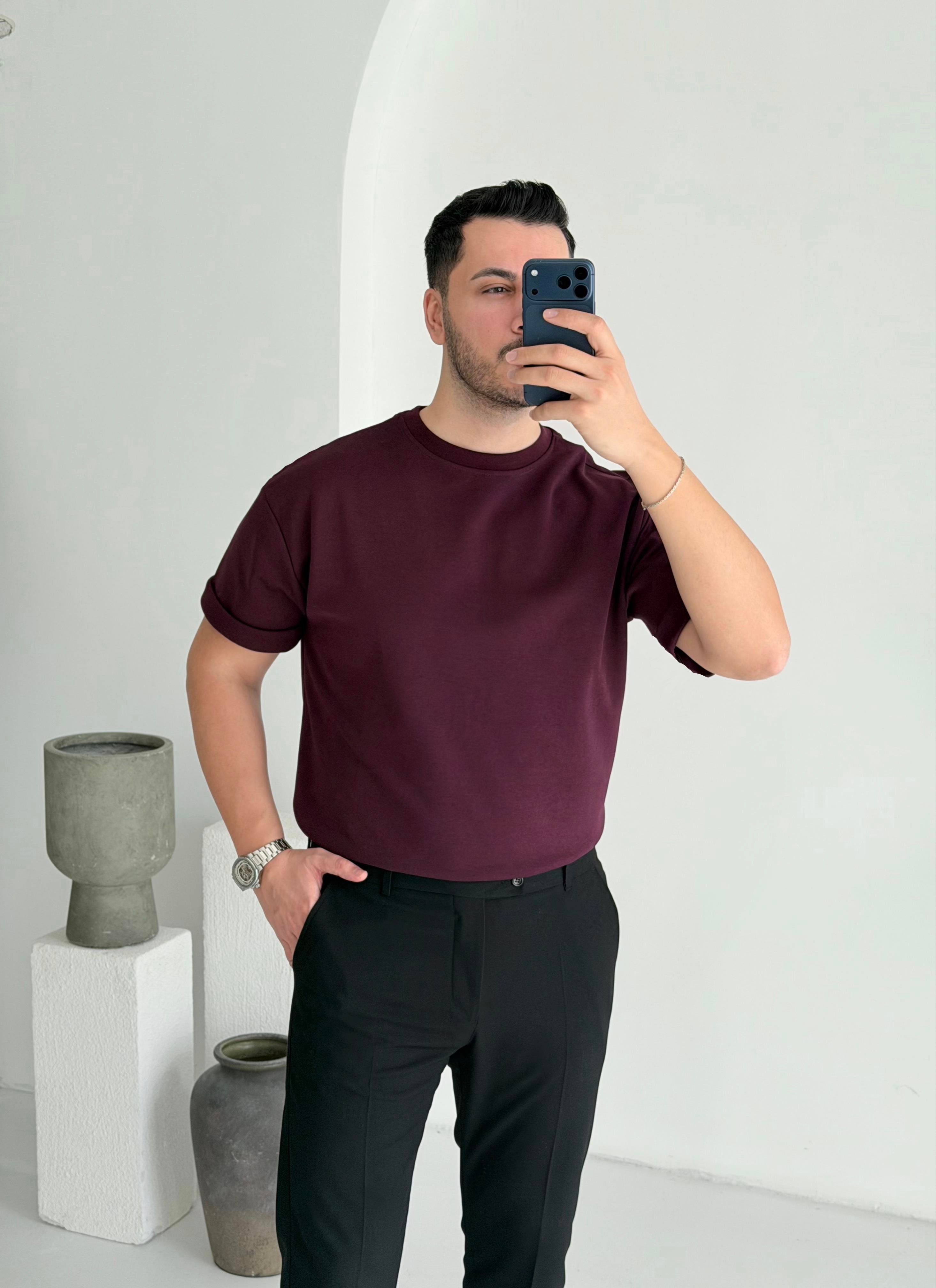 Double Face Yarım Oversize Bordo Tişört