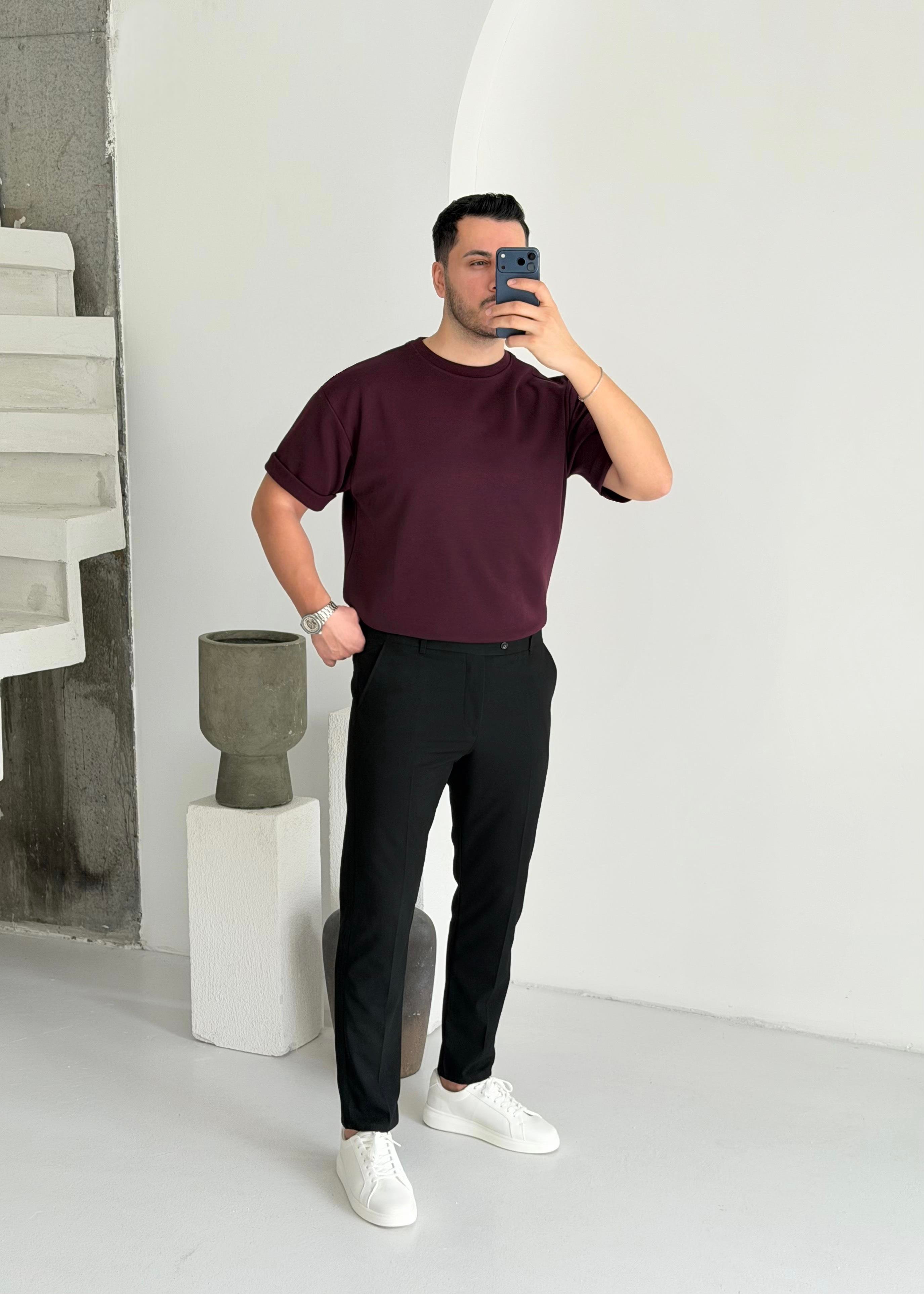 Double Face Yarım Oversize Bordo Tişört