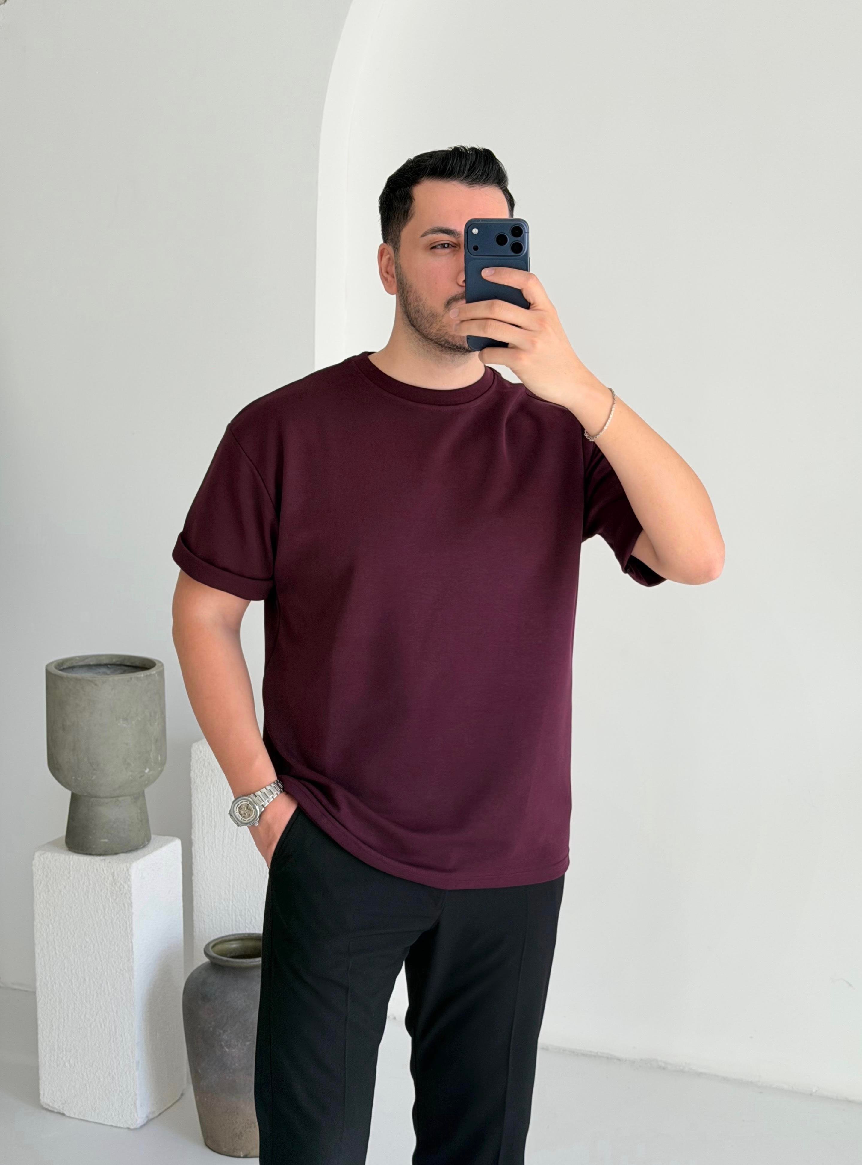 Double Face Yarım Oversize Bordo Tişört