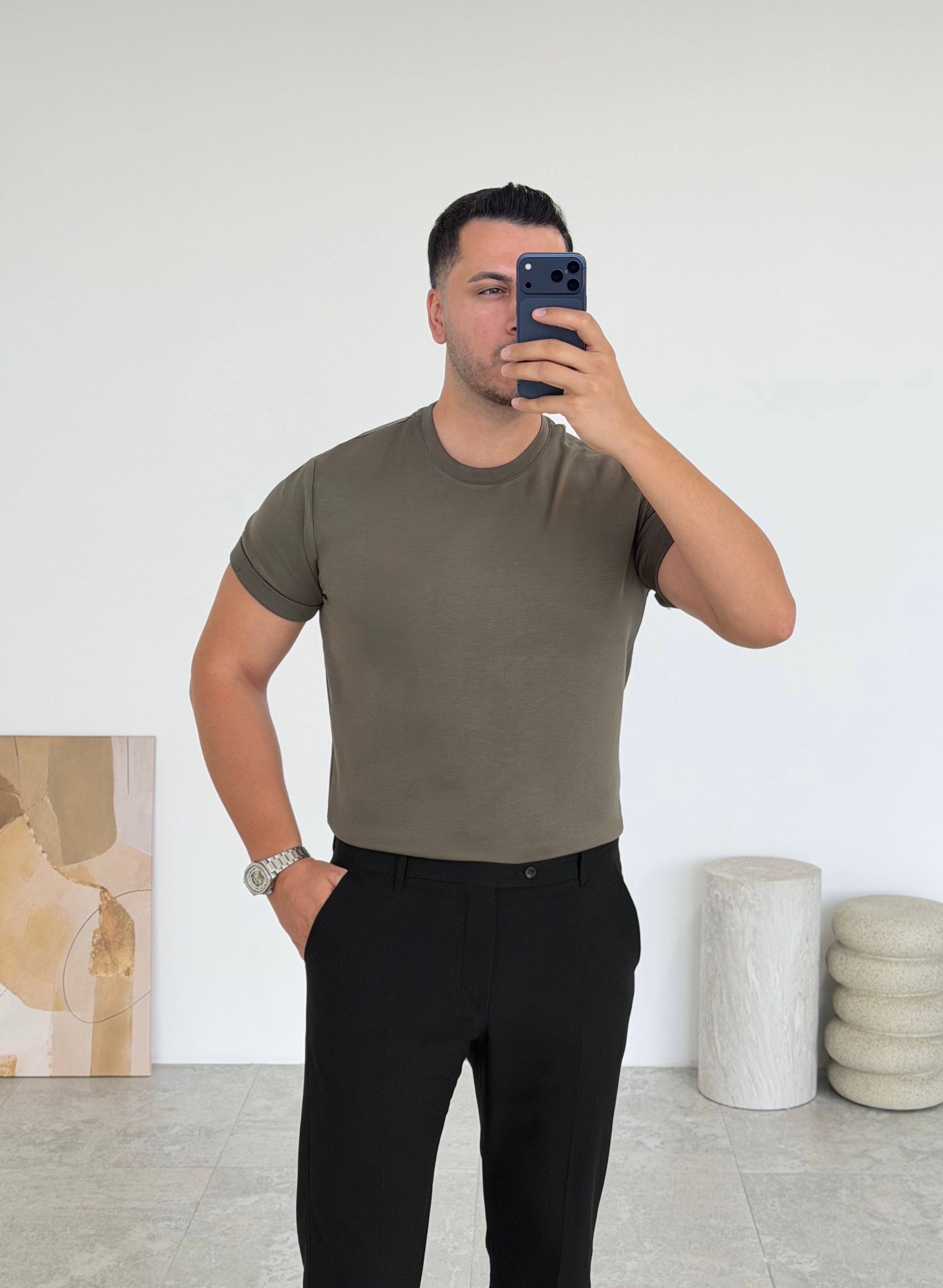 Double Face Yarım Oversize Haki Tişört