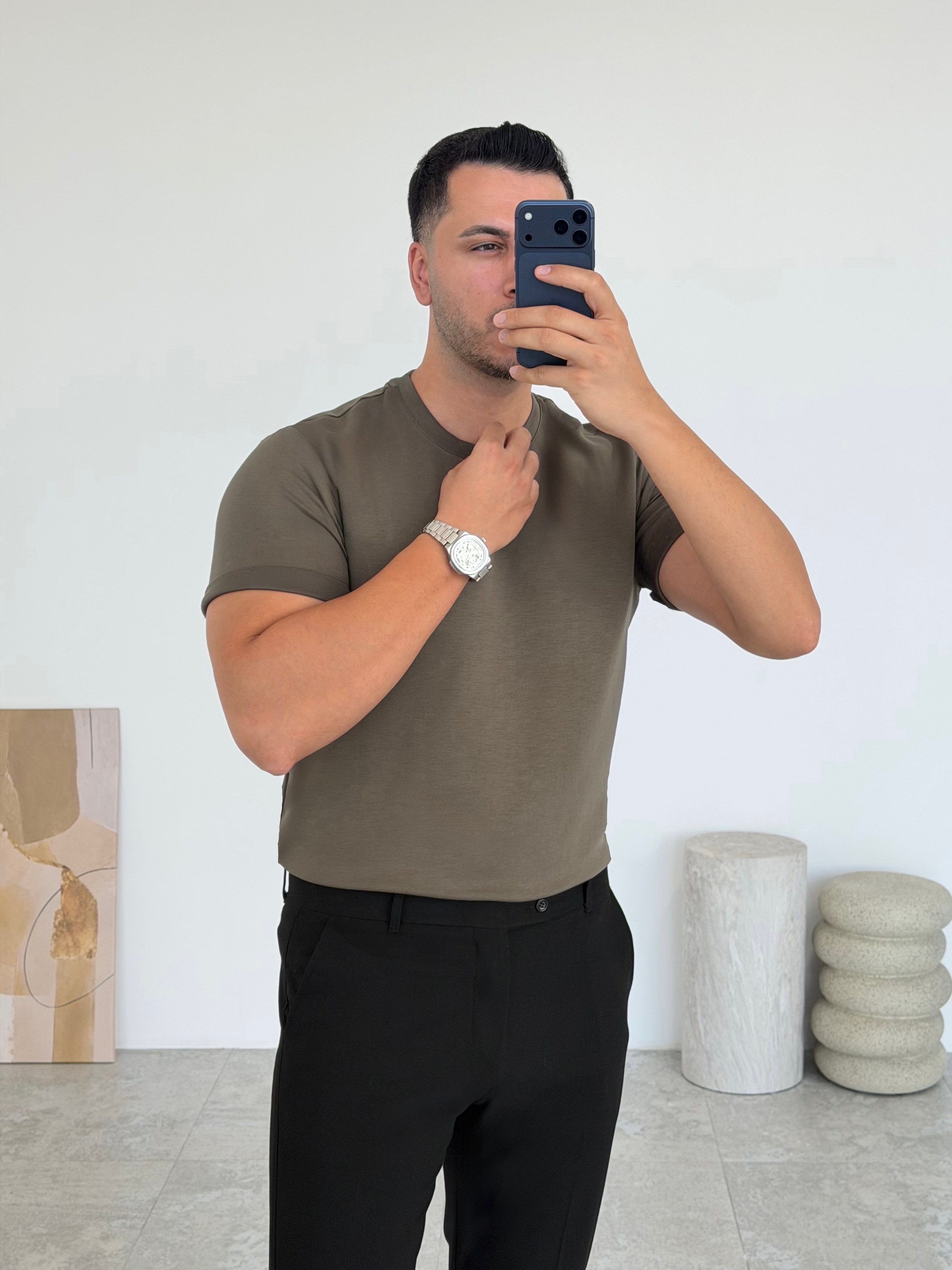 Double Face Yarım Oversize Haki Tişört