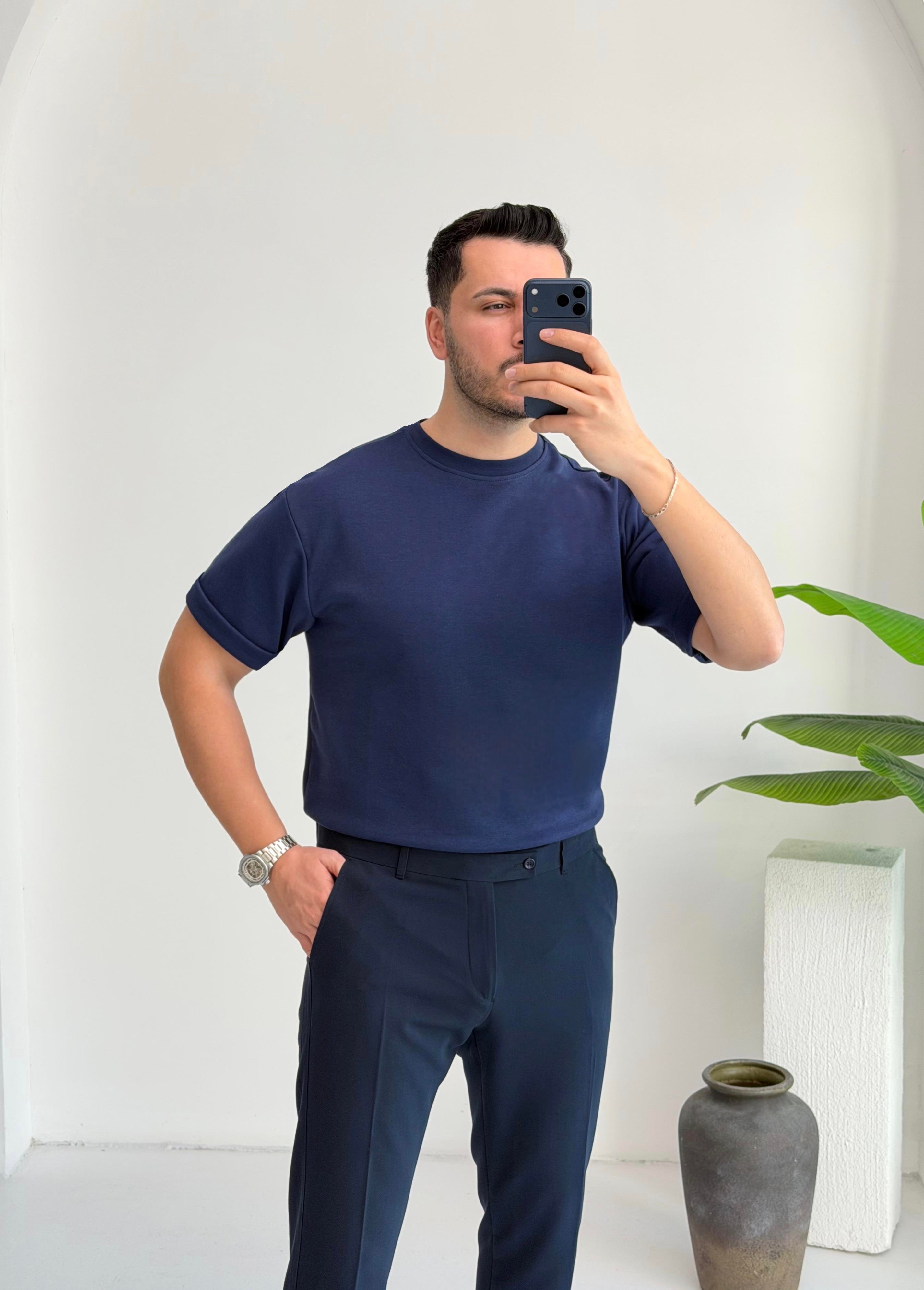 Double Face Yarım Oversize Lacivert Tişört