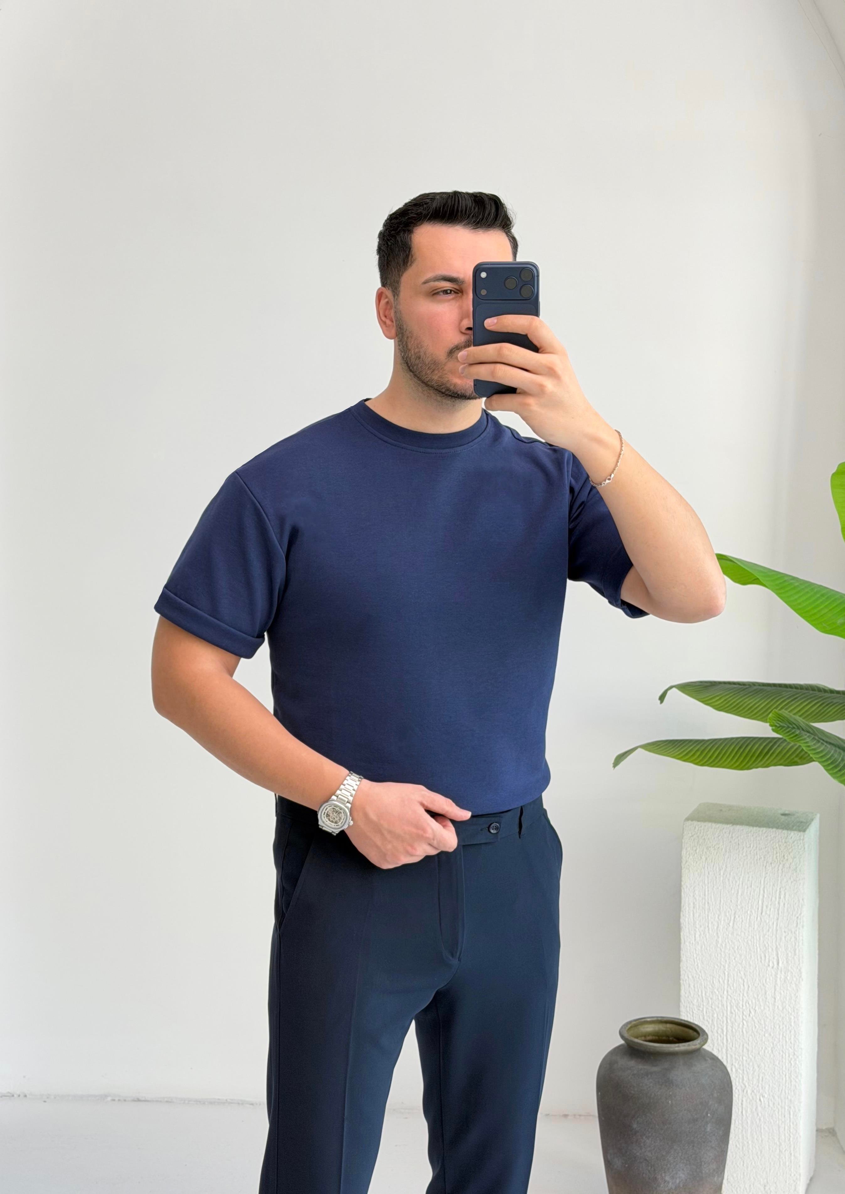 Double Face Yarım Oversize Lacivert Tişört
