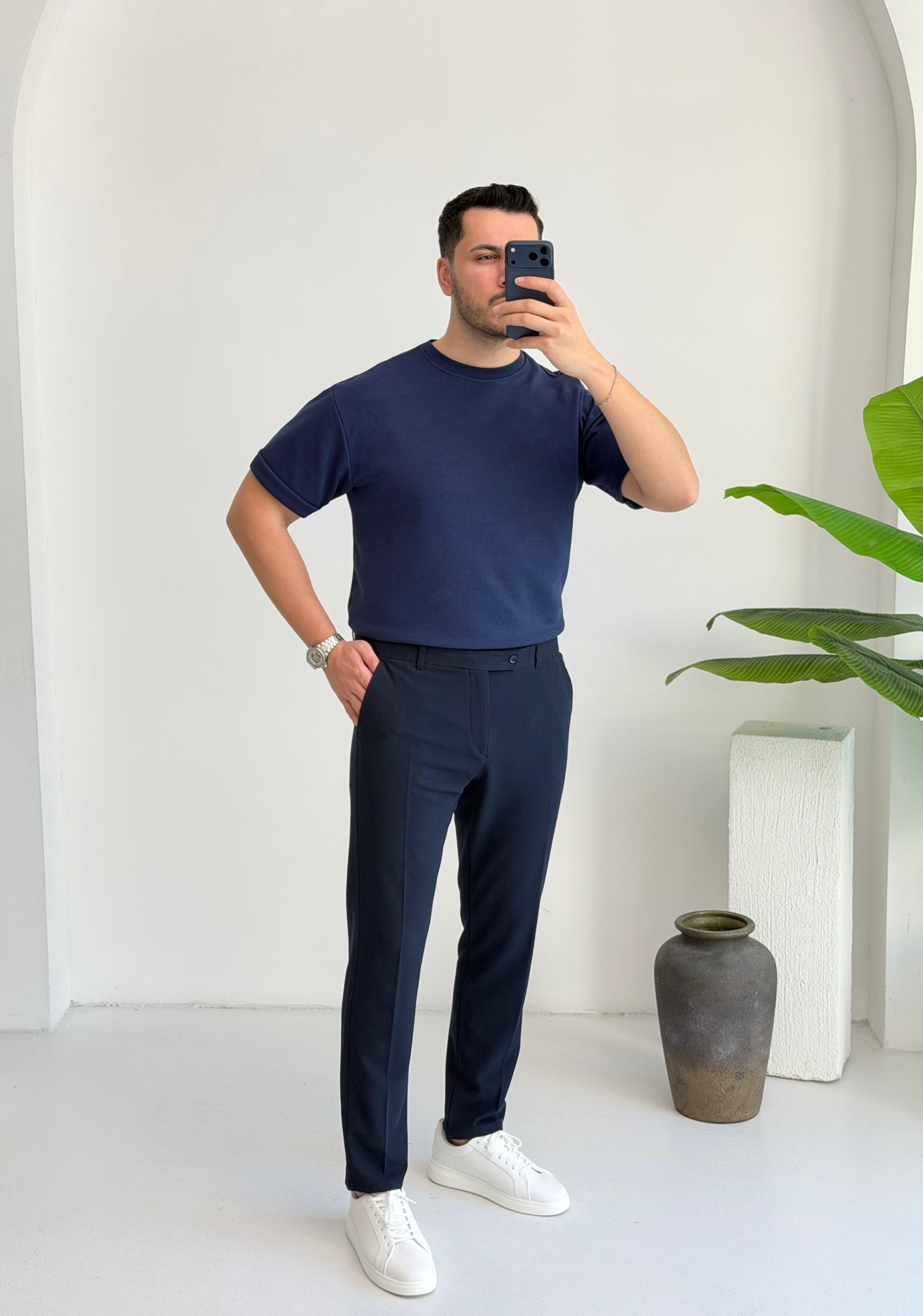 Double Face Yarım Oversize Lacivert Tişört