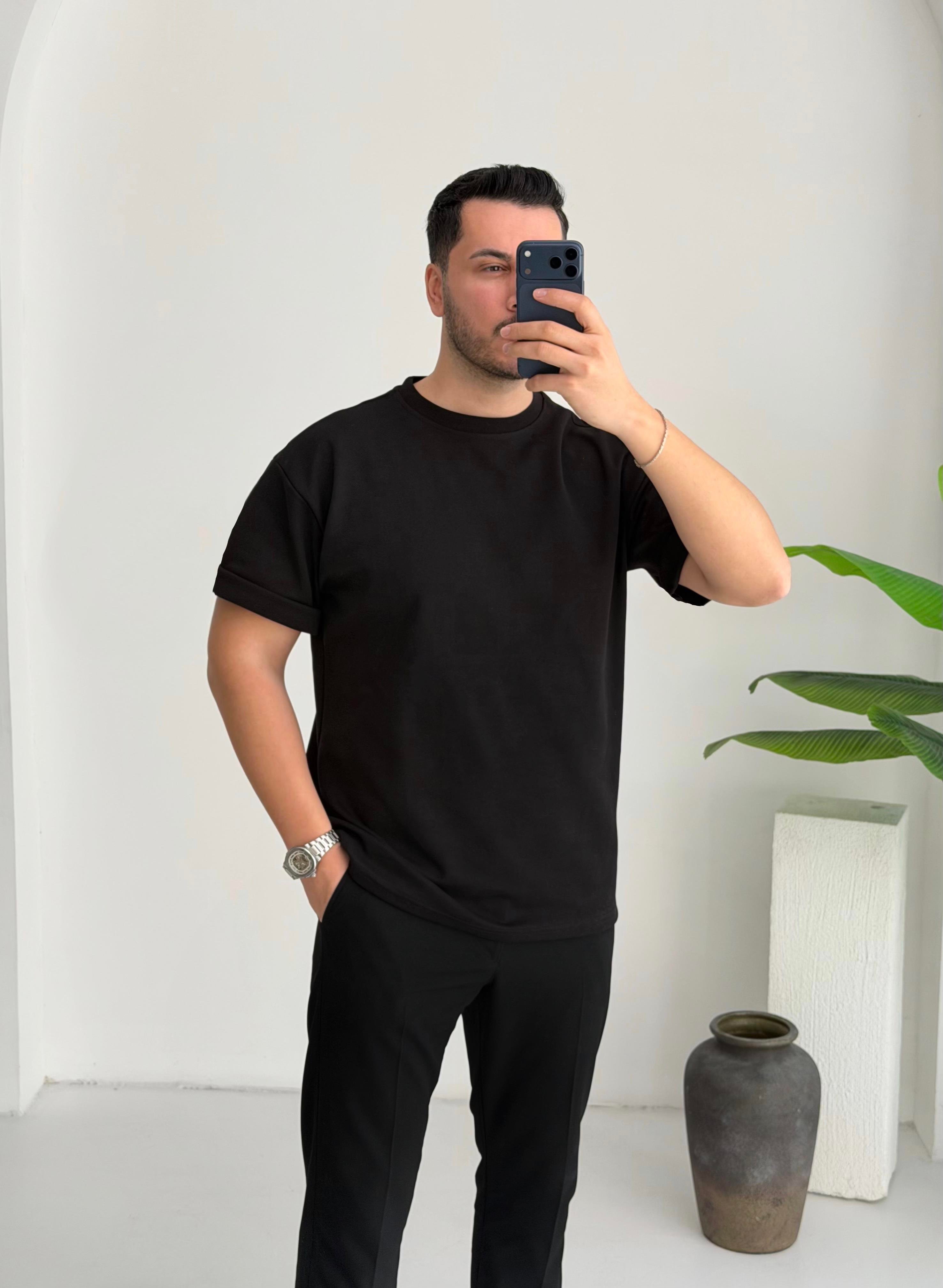 Double Face Yarım Oversize Siyah Tişört
