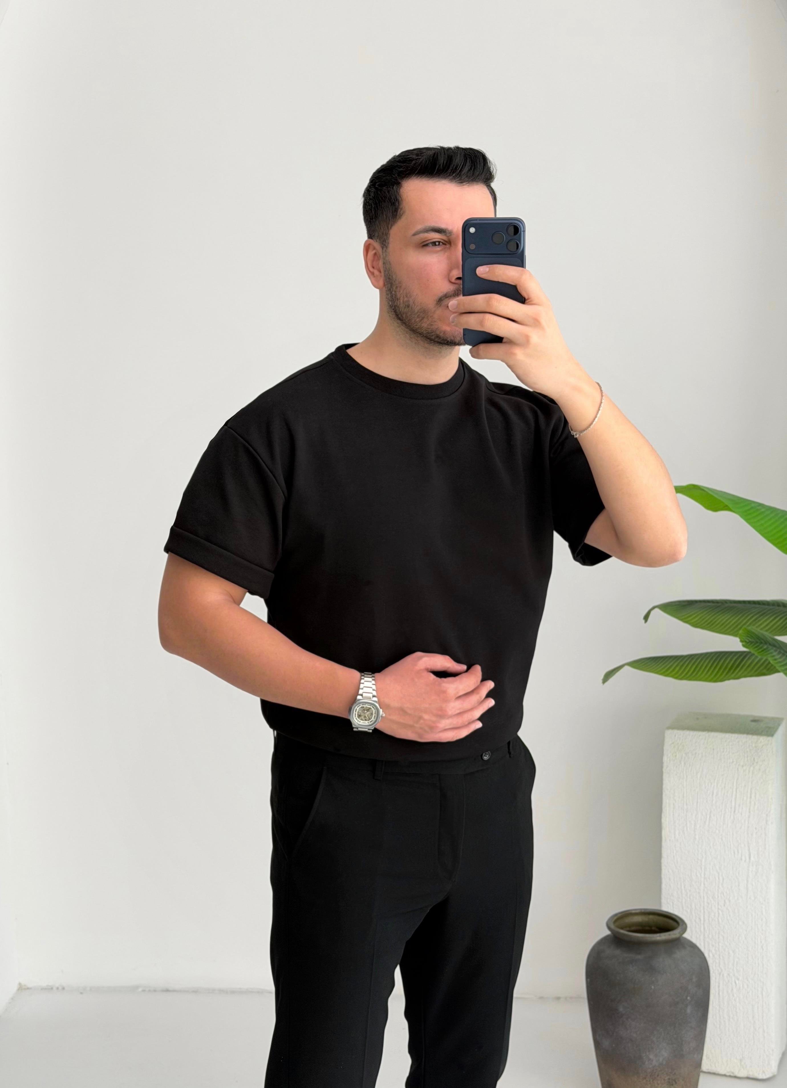 Double Face Yarım Oversize Siyah Tişört