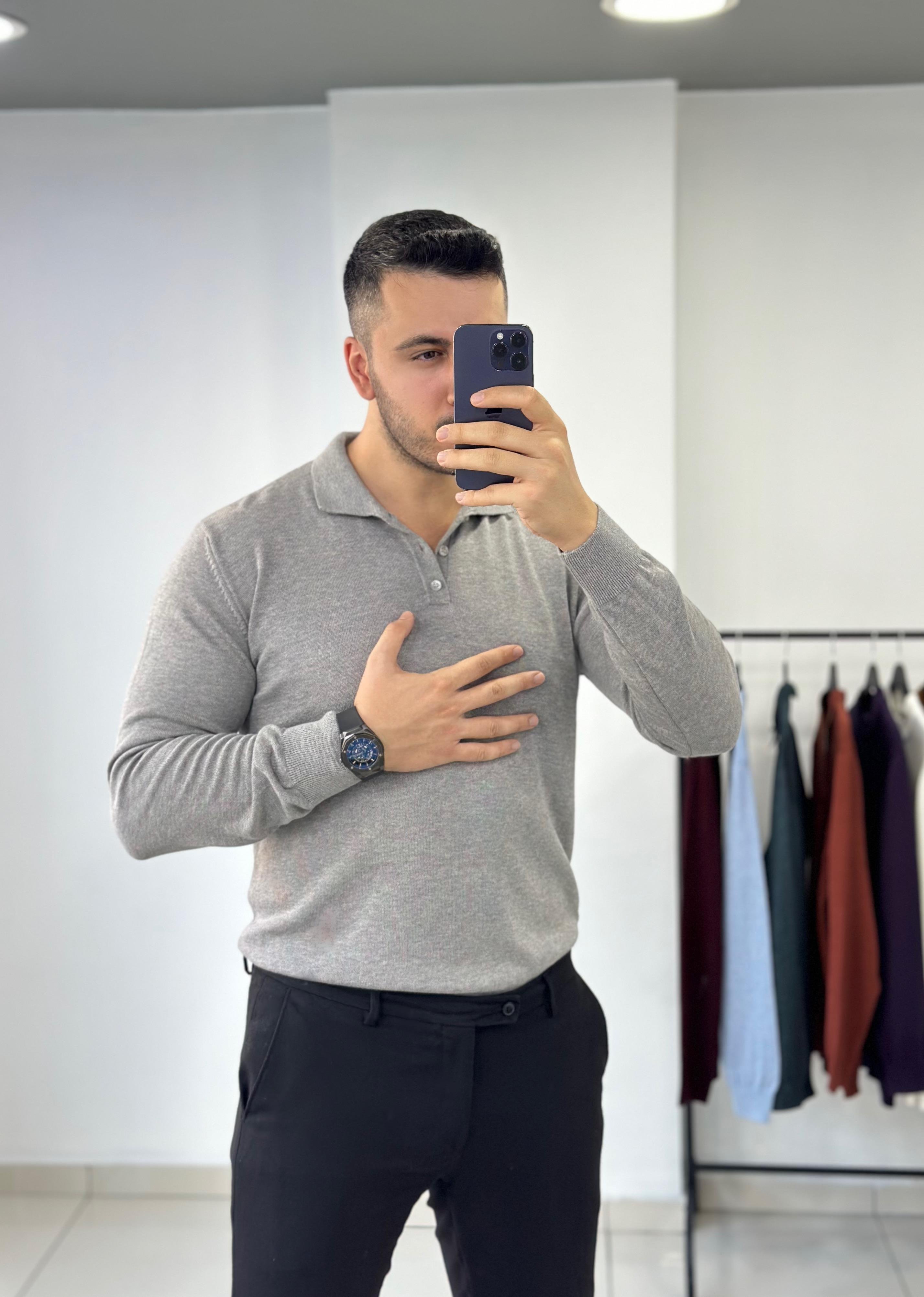 Düğmeli Gri Triko Kazak