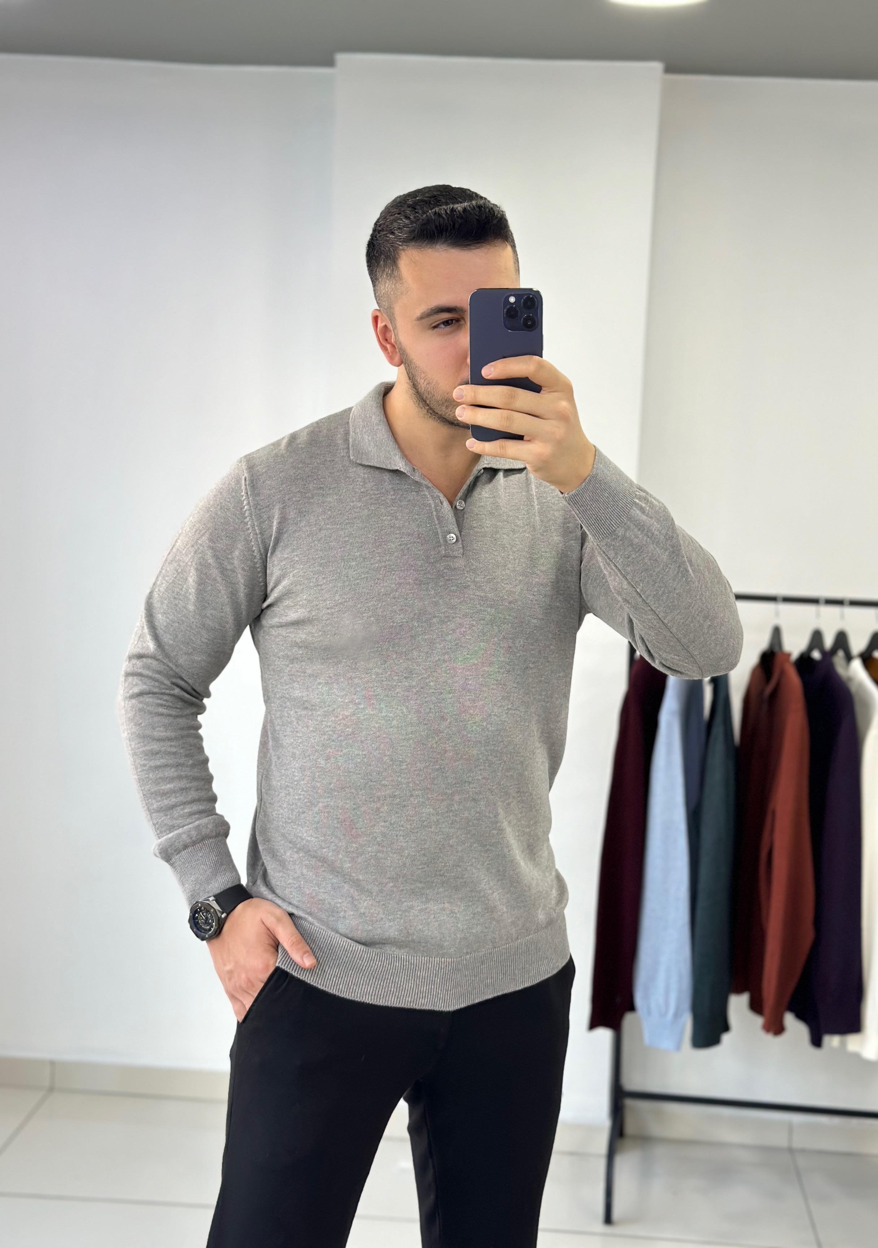 Düğmeli Gri Triko Kazak