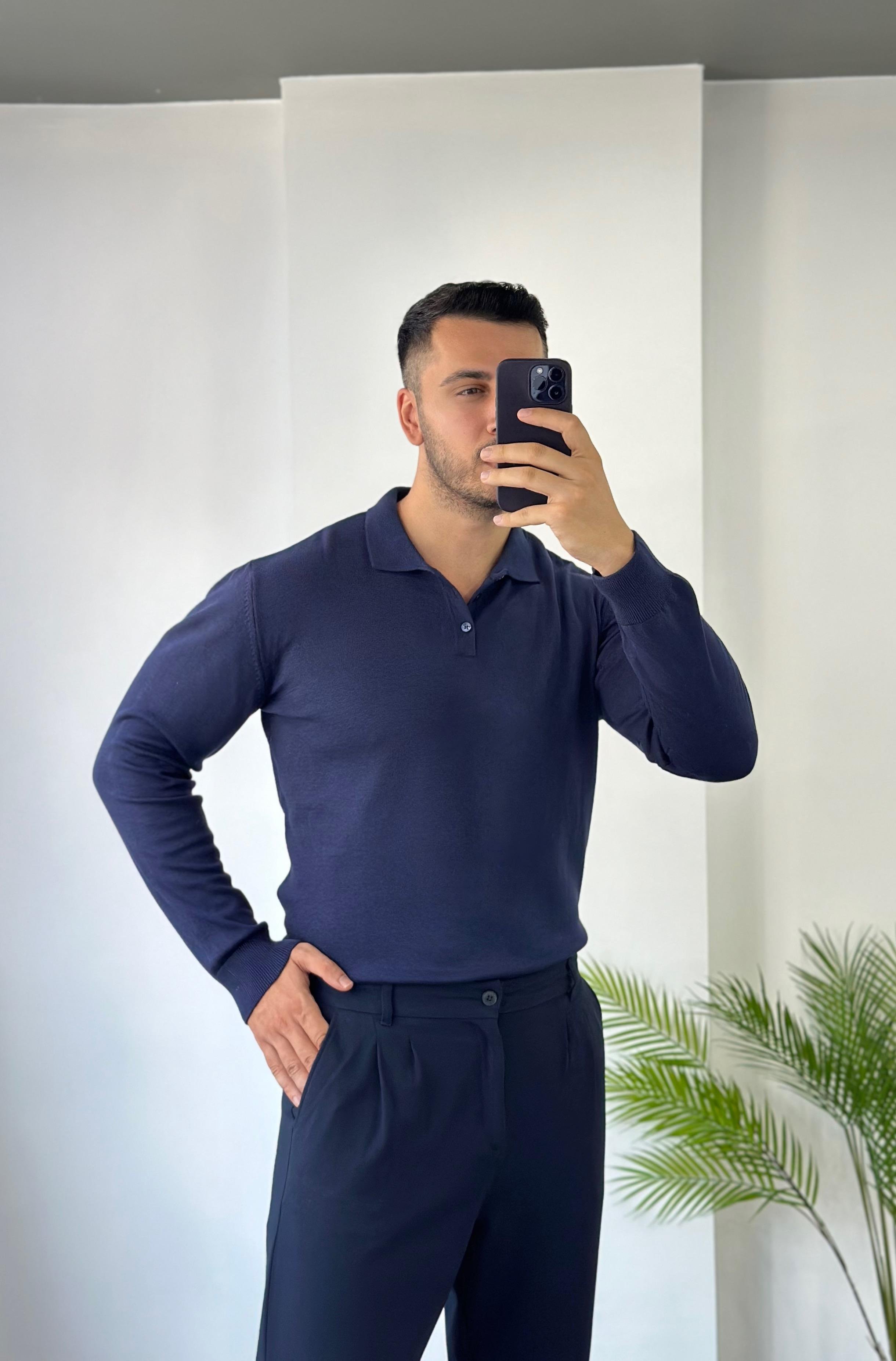 Düğmeli Lacivert Triko Kazak