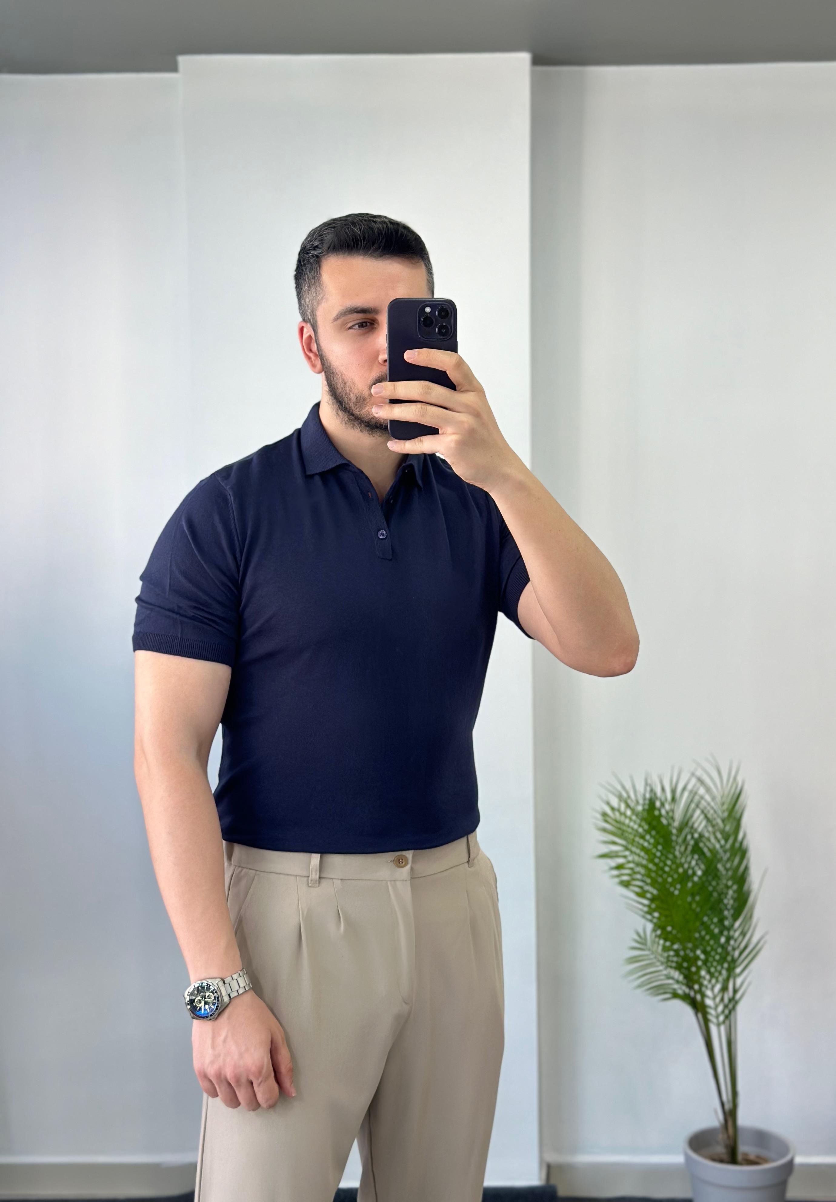 Düğmeli Lacivert Triko Tişört 