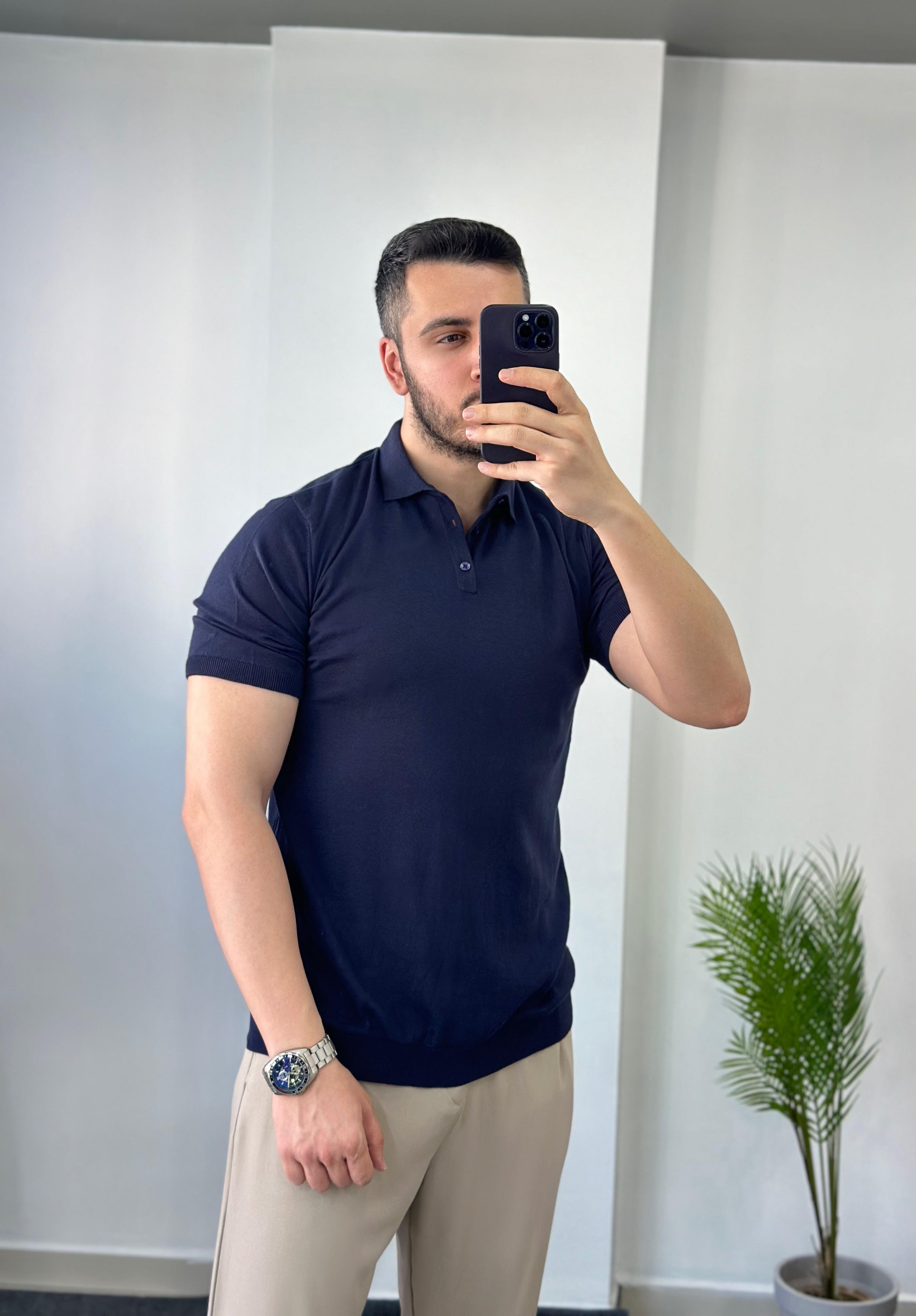Düğmeli Lacivert Triko Tişört 