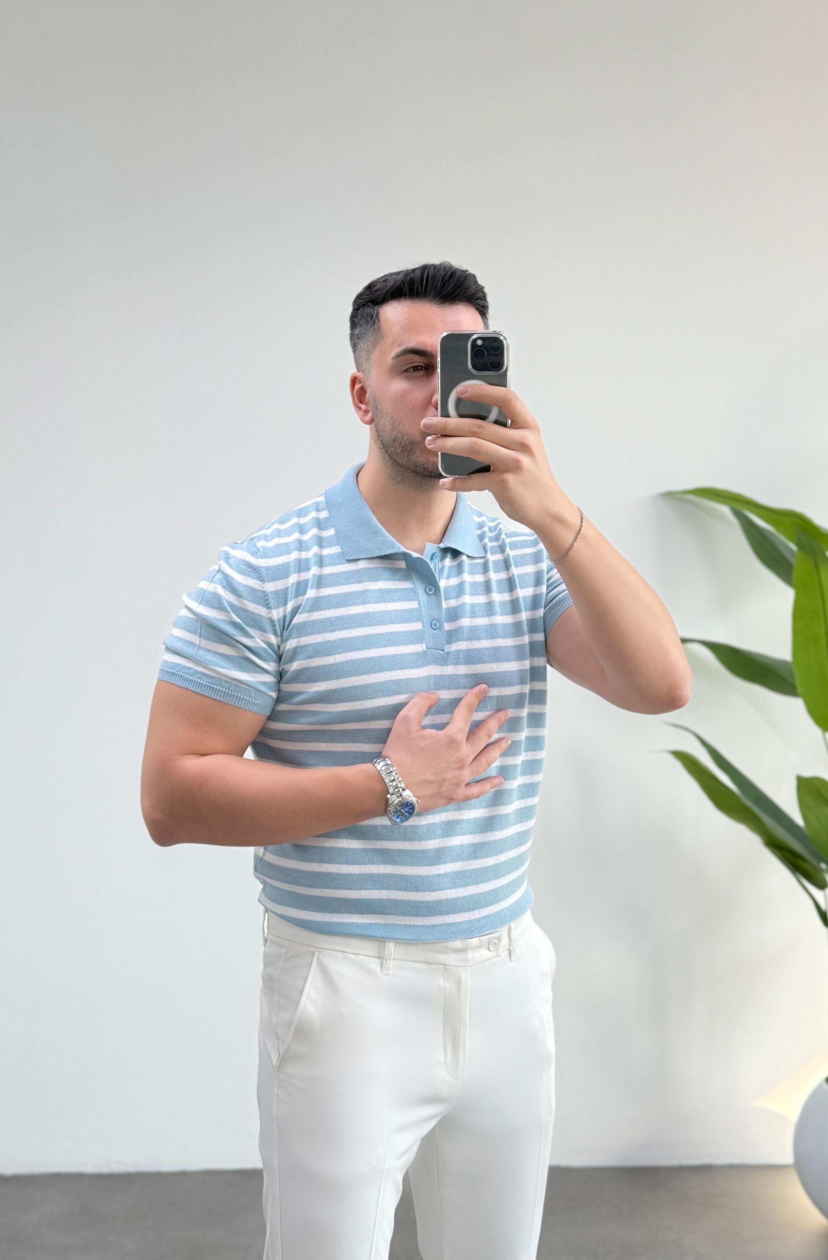 Düğmeli Mavi Çizgili Polo Yaka Tişört 