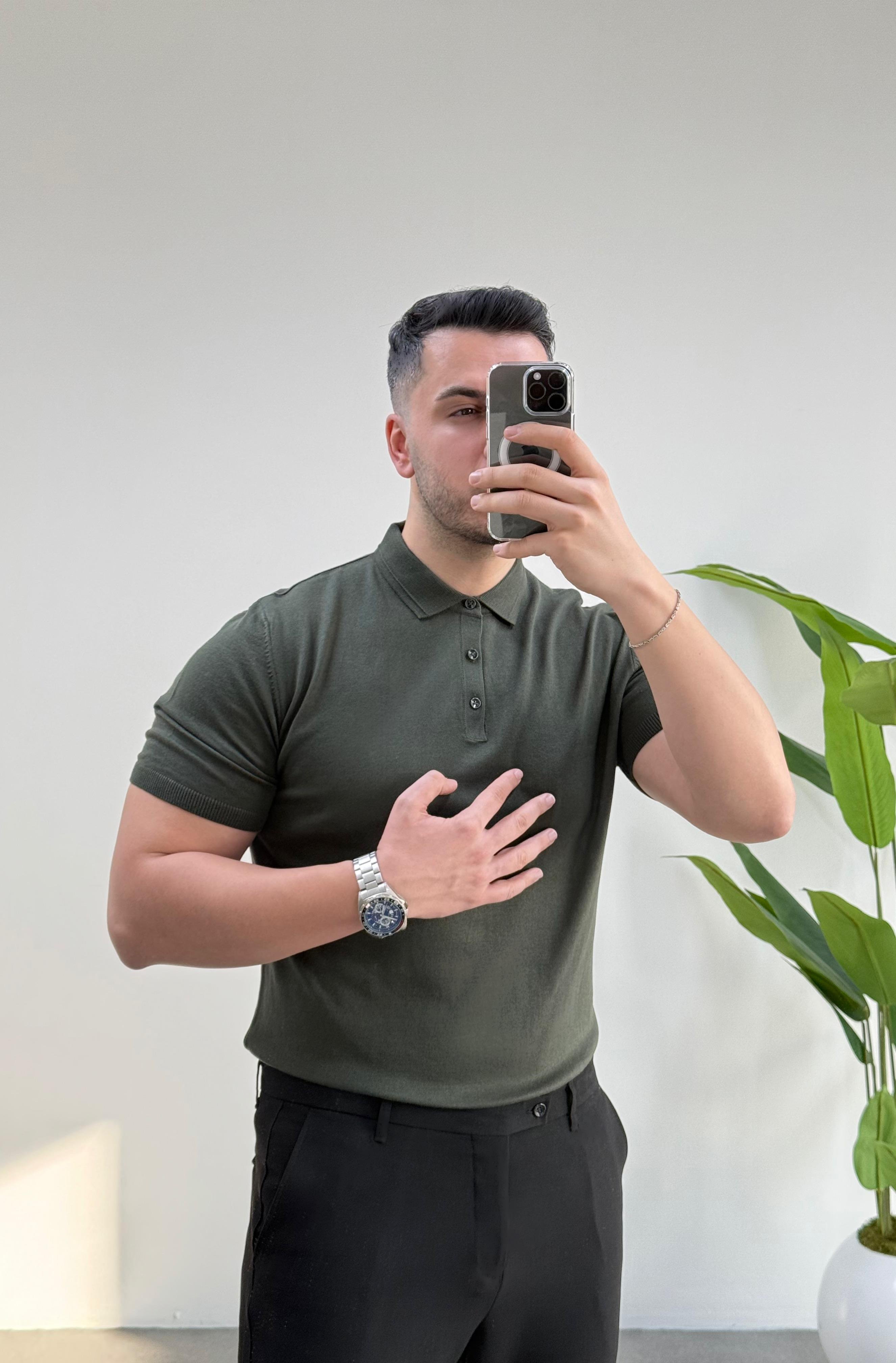 Düğmeli Polo Yaka Haki Örme Tişört 