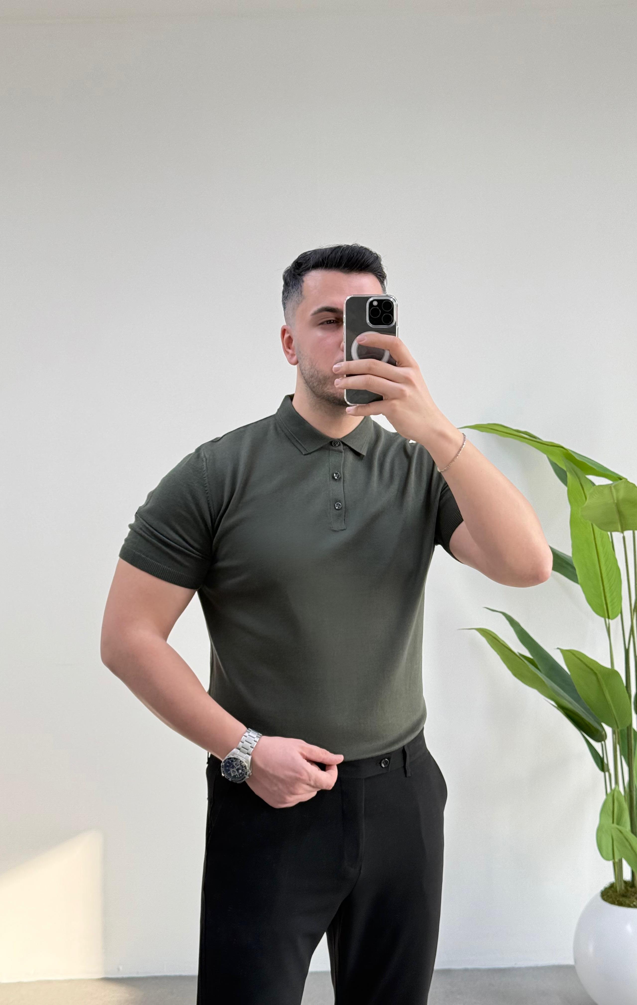 Düğmeli Polo Yaka Haki Örme Tişört 