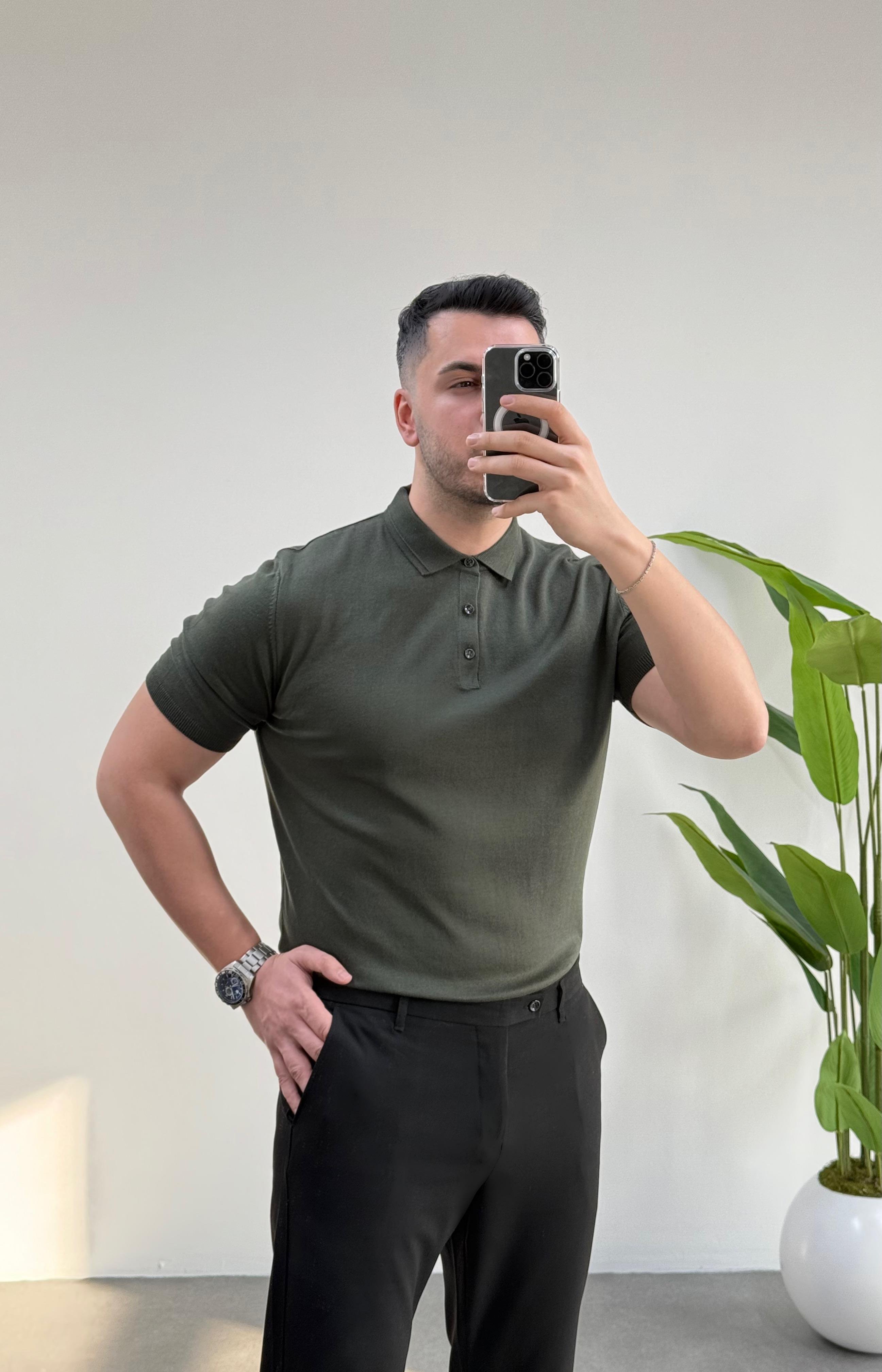 Düğmeli Polo Yaka Haki Örme Tişört 
