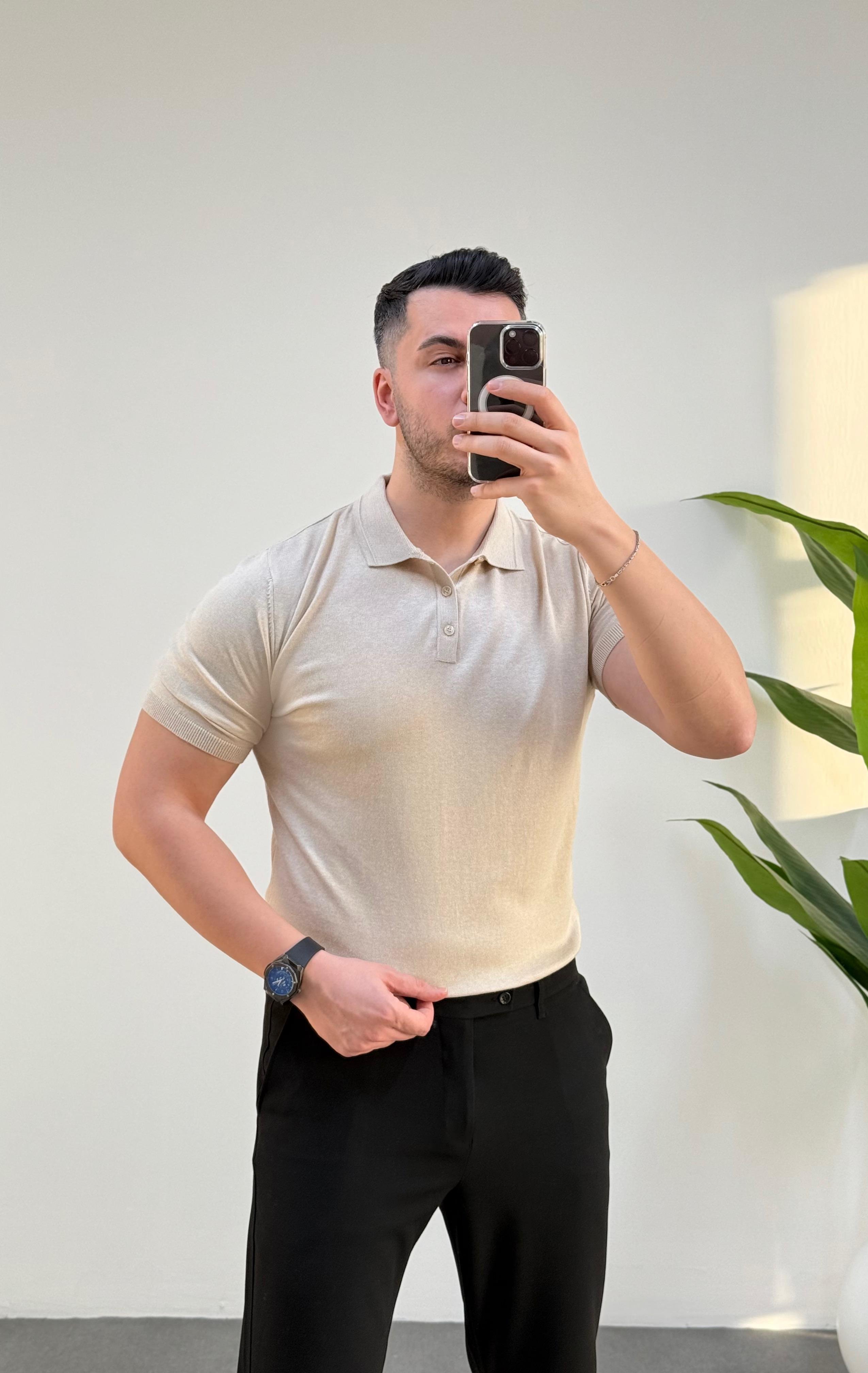 Düğmeli Polo Yaka Krem Örme Tişört 