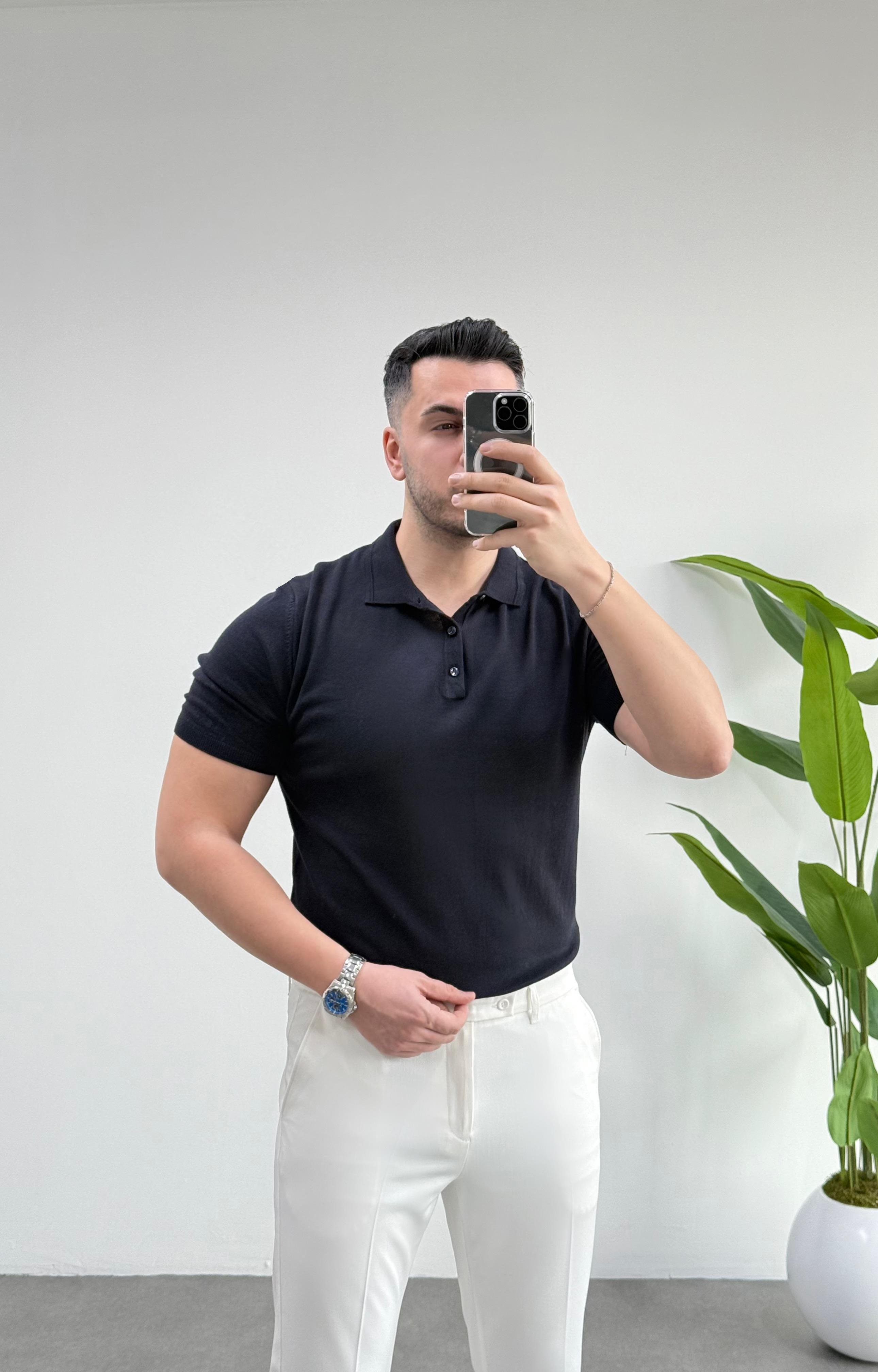 Düğmeli Polo Yaka Lacivert Örme Kazak