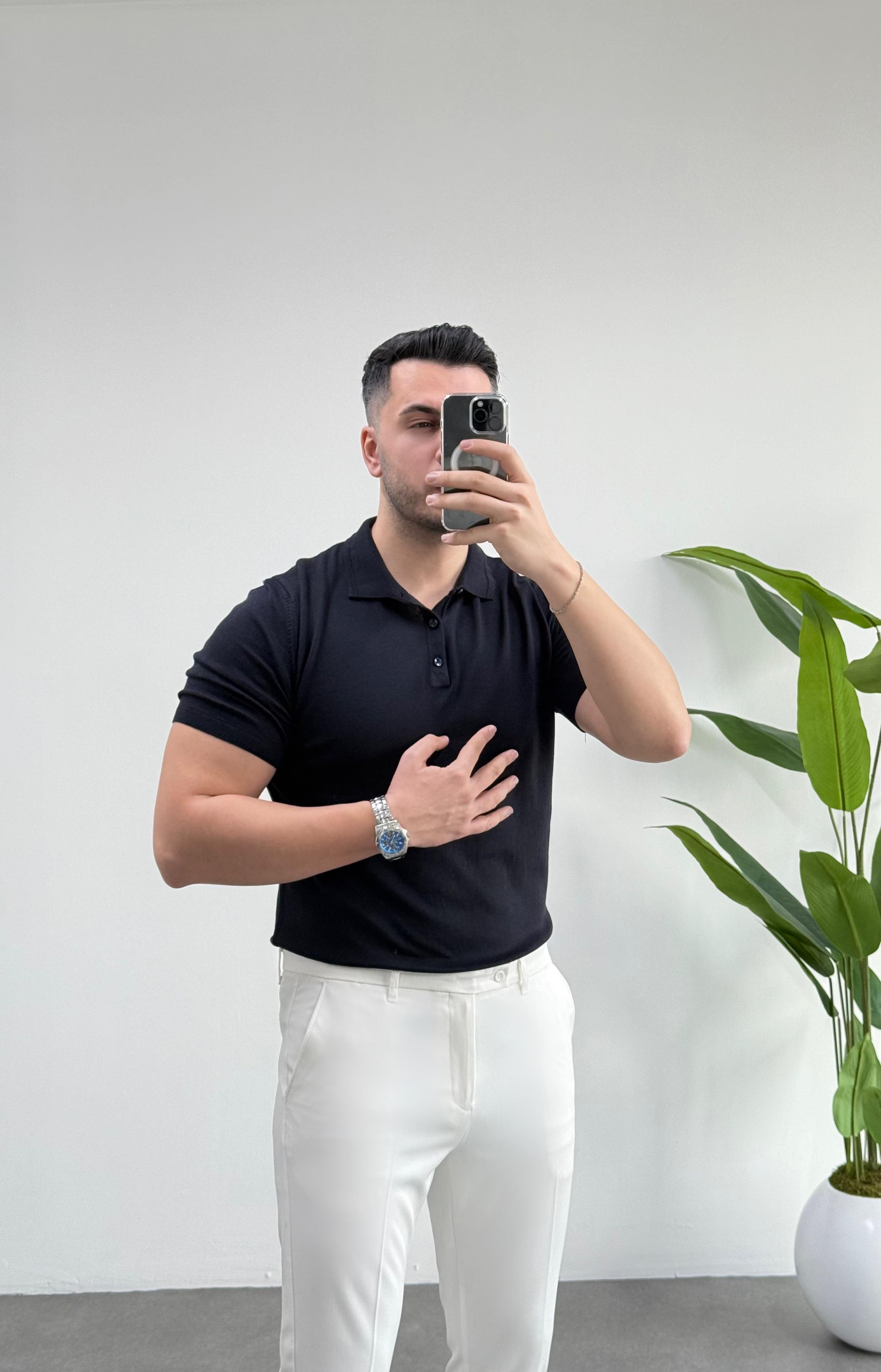 Düğmeli Polo Yaka Lacivert Örme Kazak