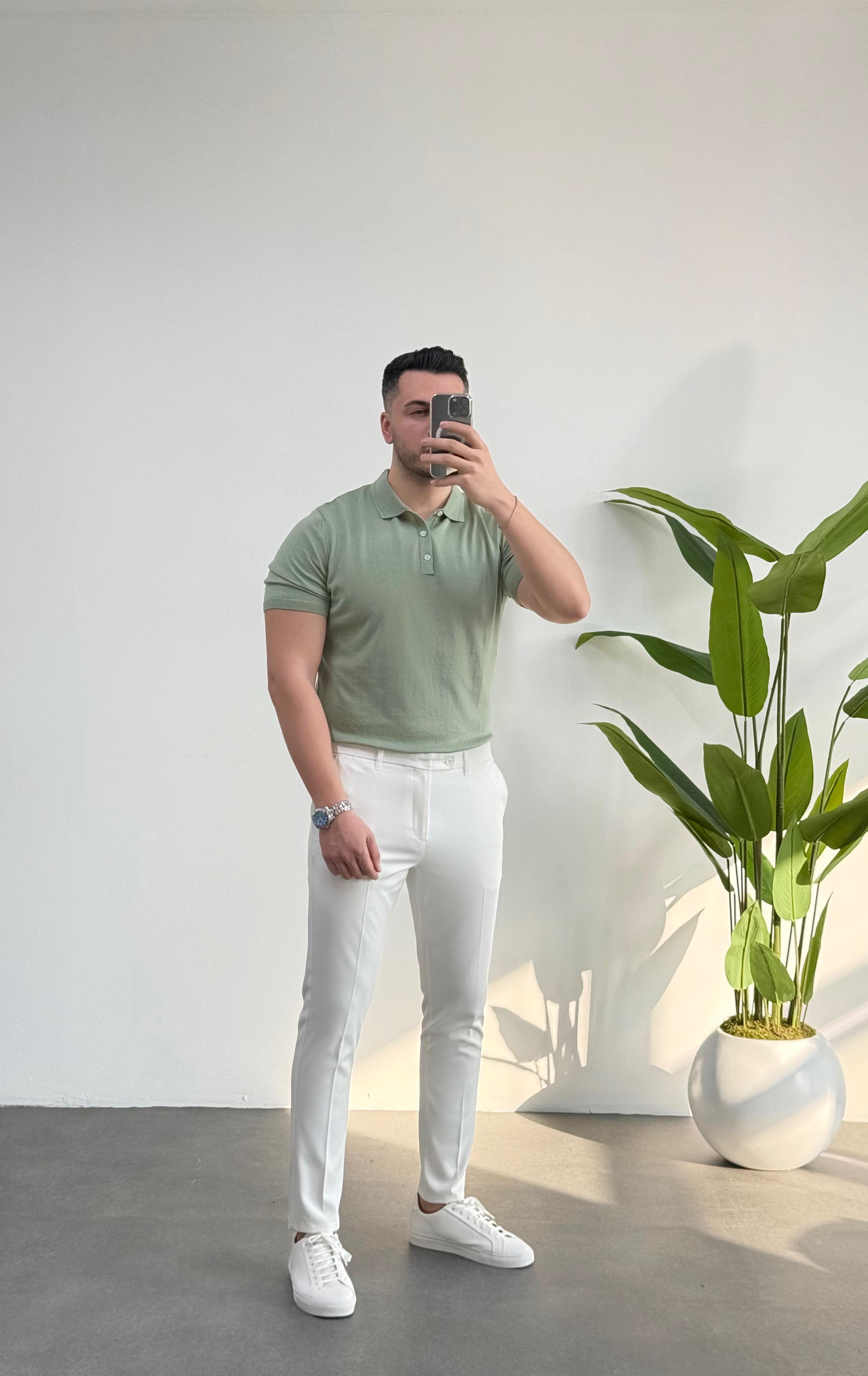 Düğmeli Polo Yaka Mint Örme Tişört 