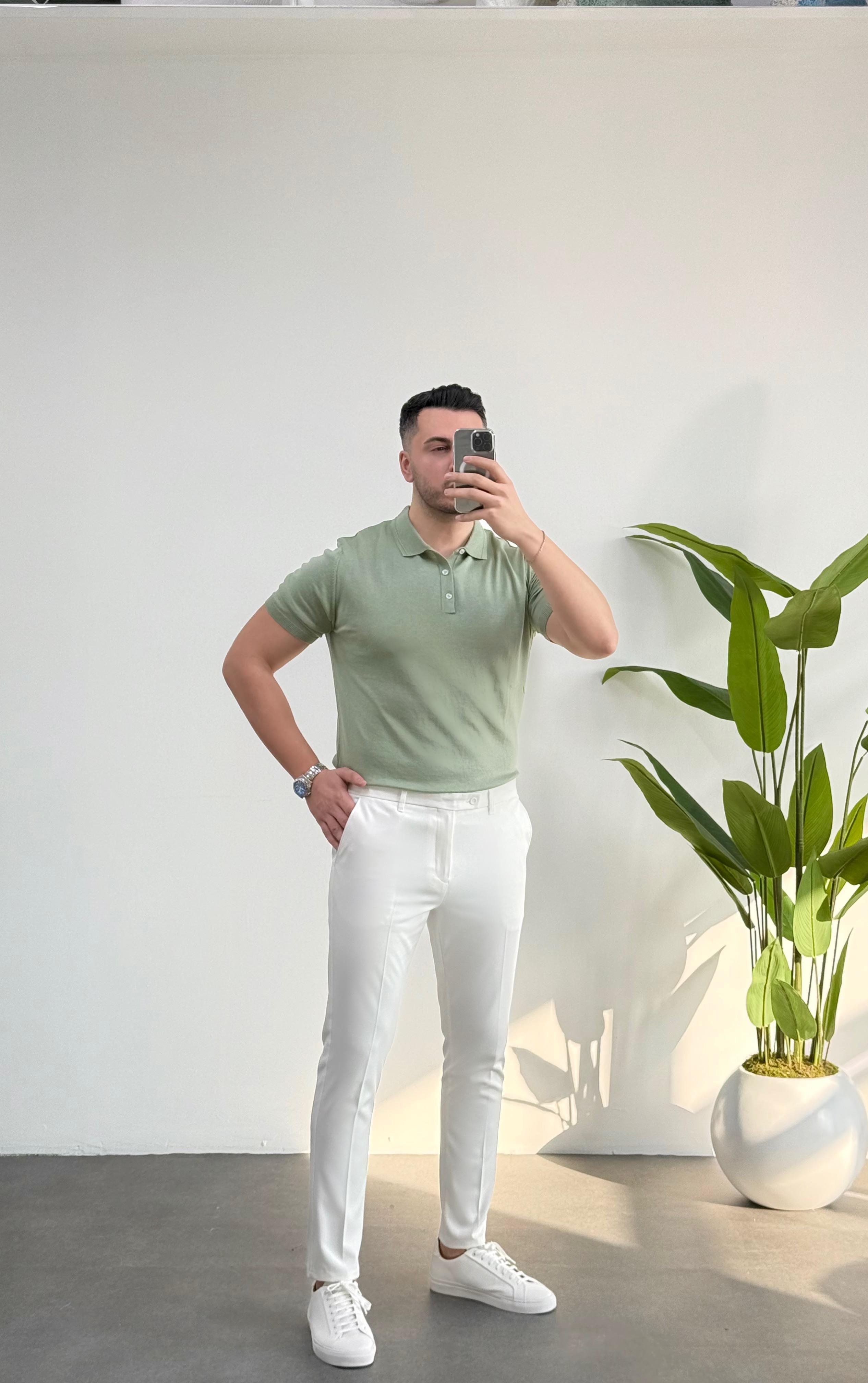 Düğmeli Polo Yaka Mint Örme Tişört 