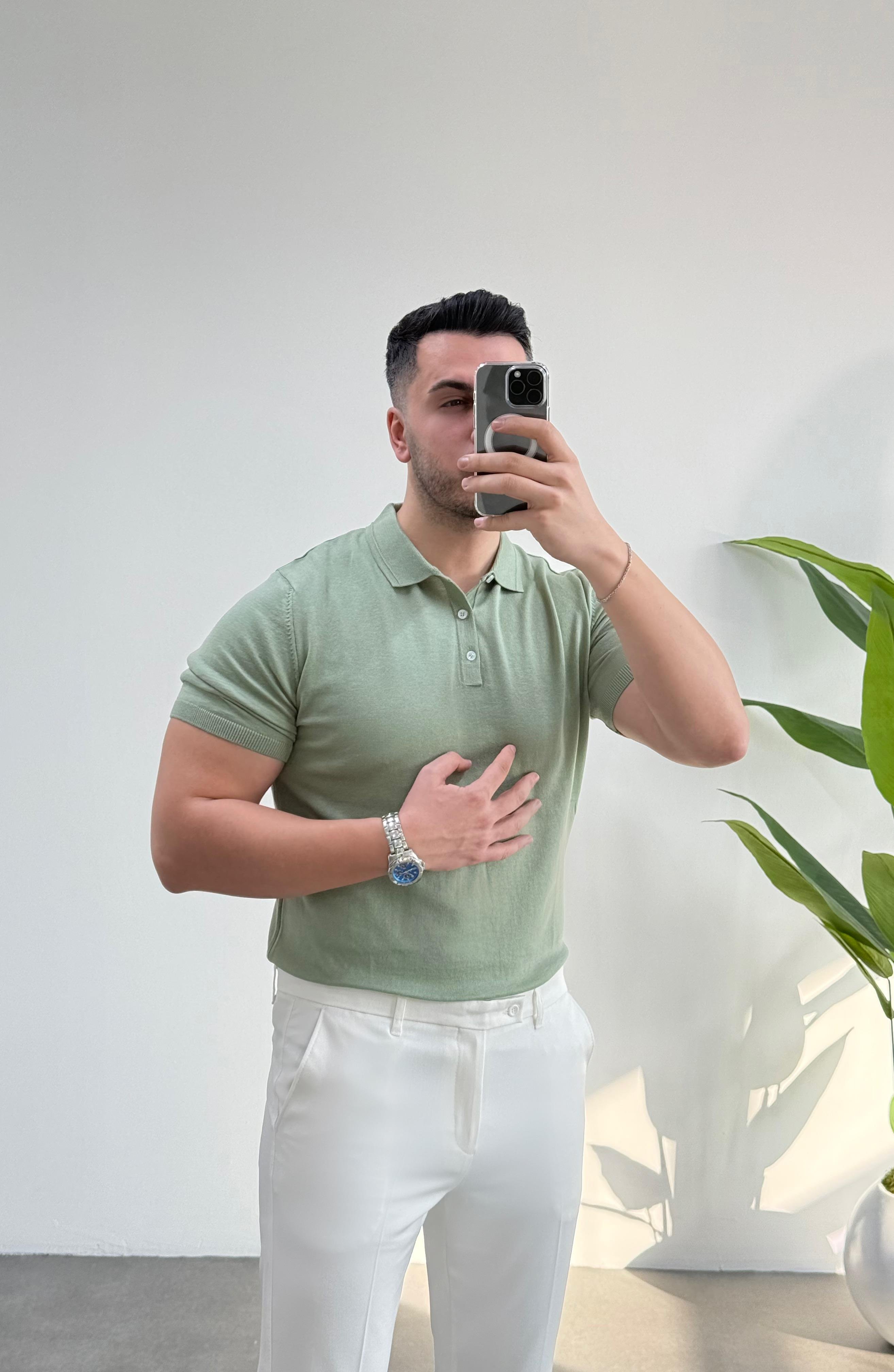Düğmeli Polo Yaka Mint Örme Tişört 