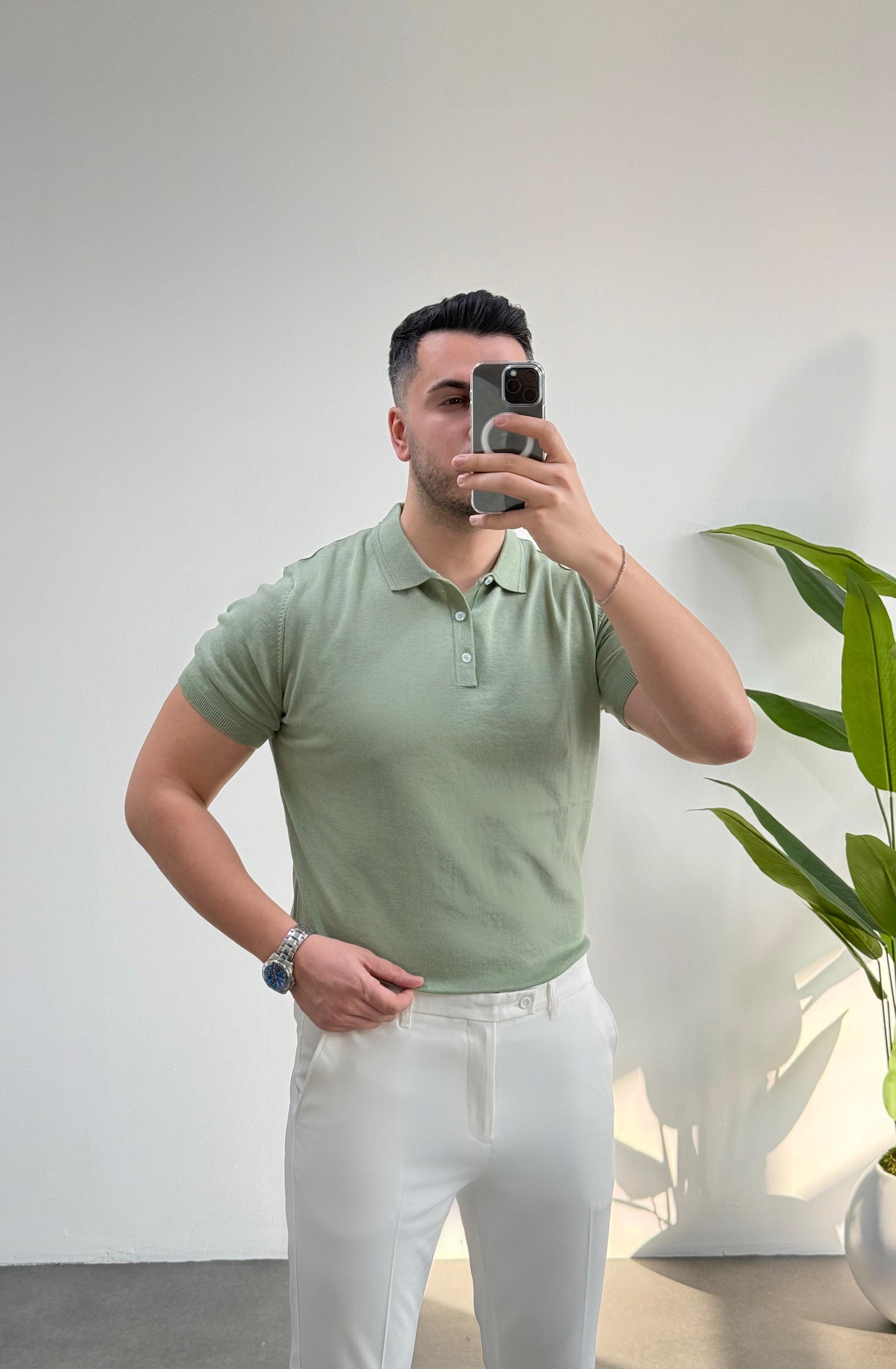 Düğmeli Polo Yaka Mint Örme Tişört 