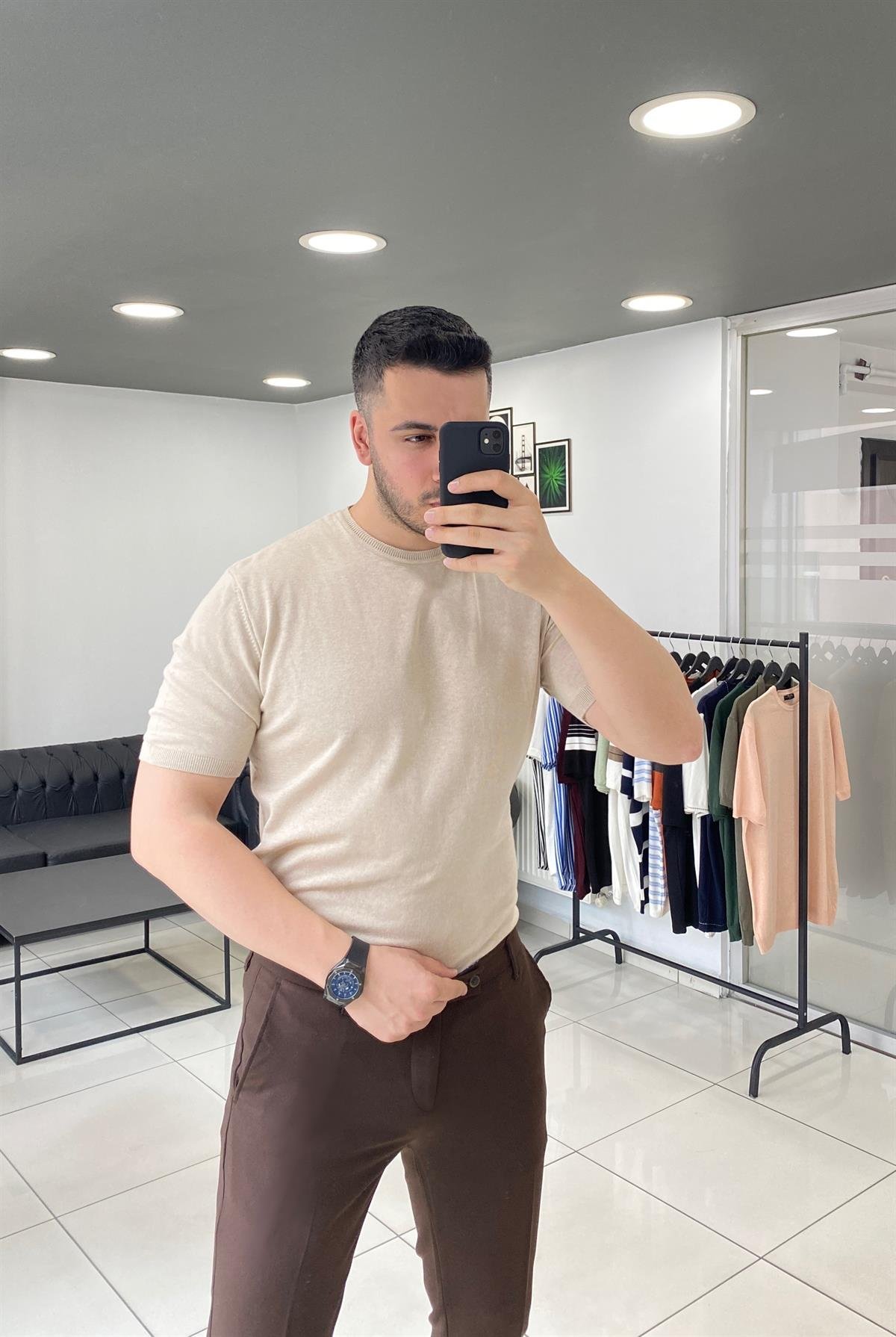 Düz Bej Örme Triko Tişört 