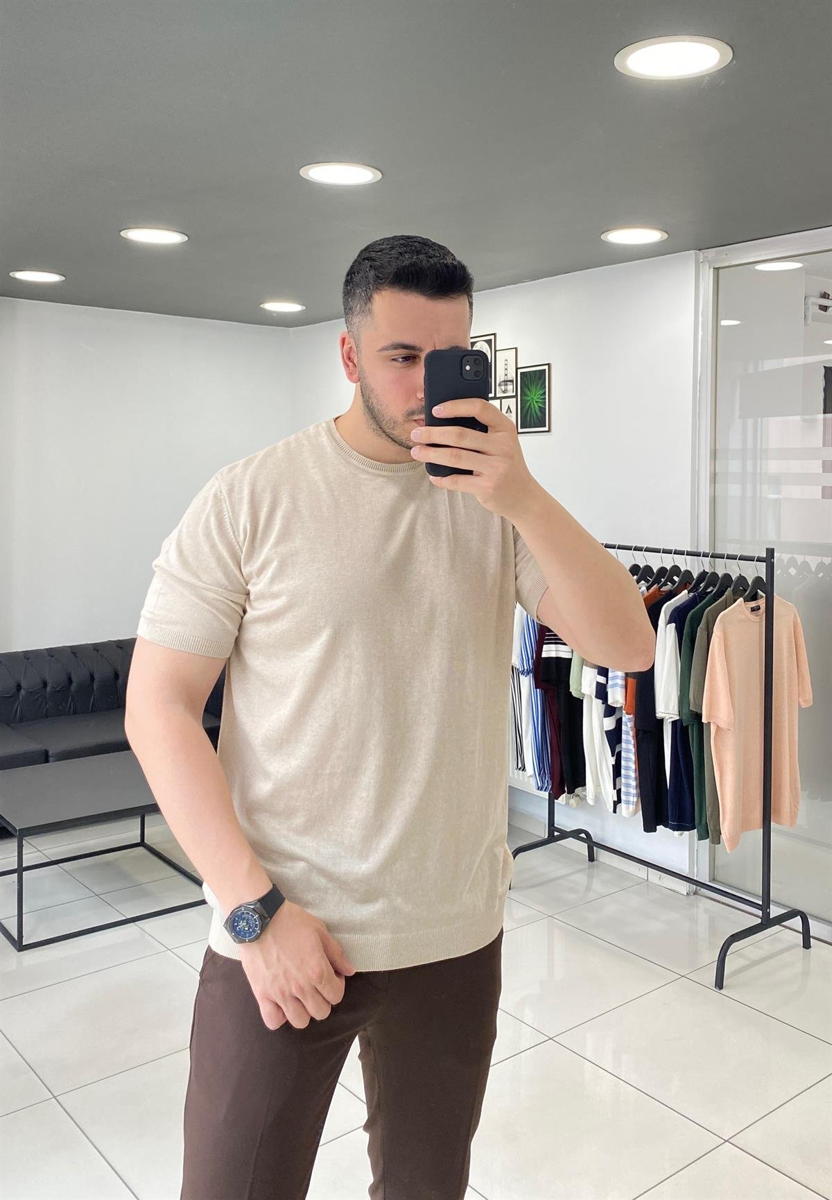Düz Bej Örme Triko Tişört 