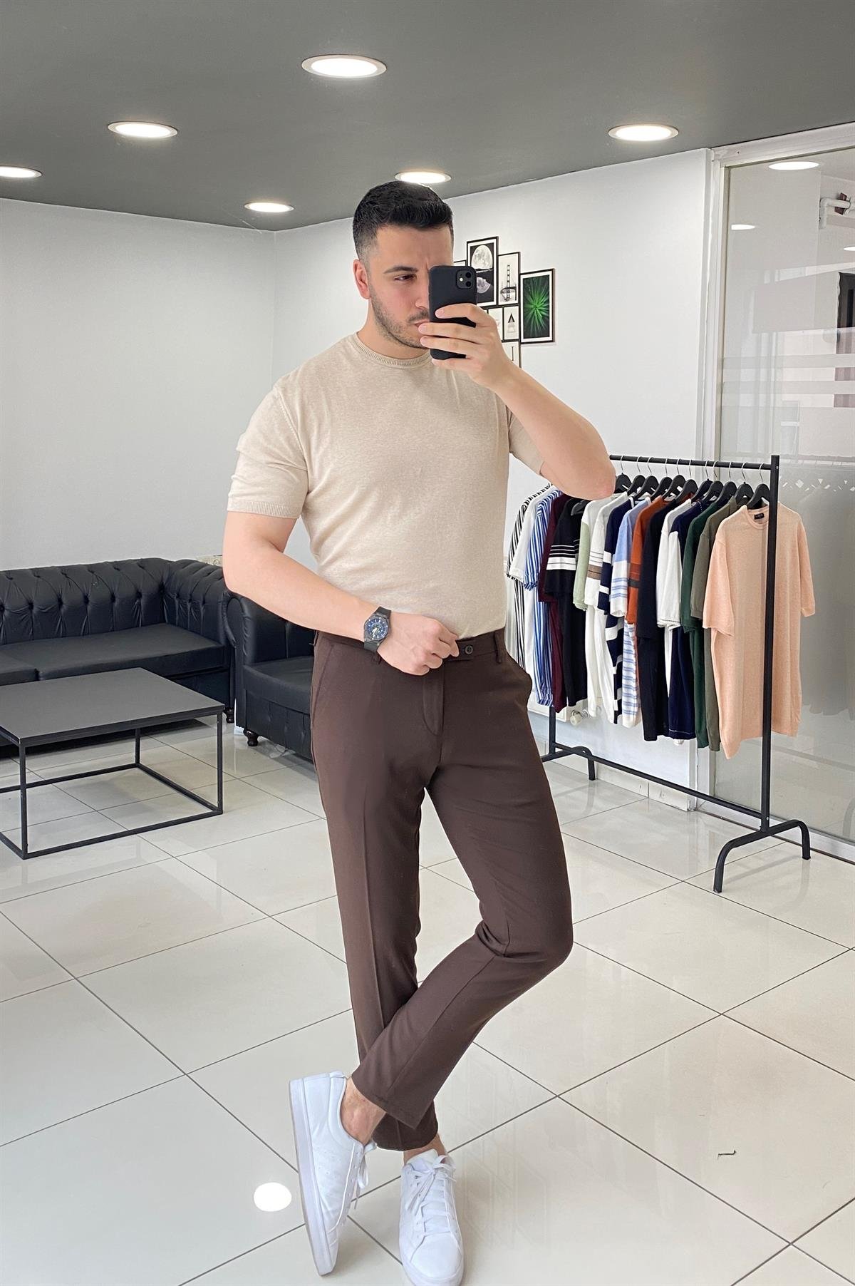 Düz Bej Örme Triko Tişört 