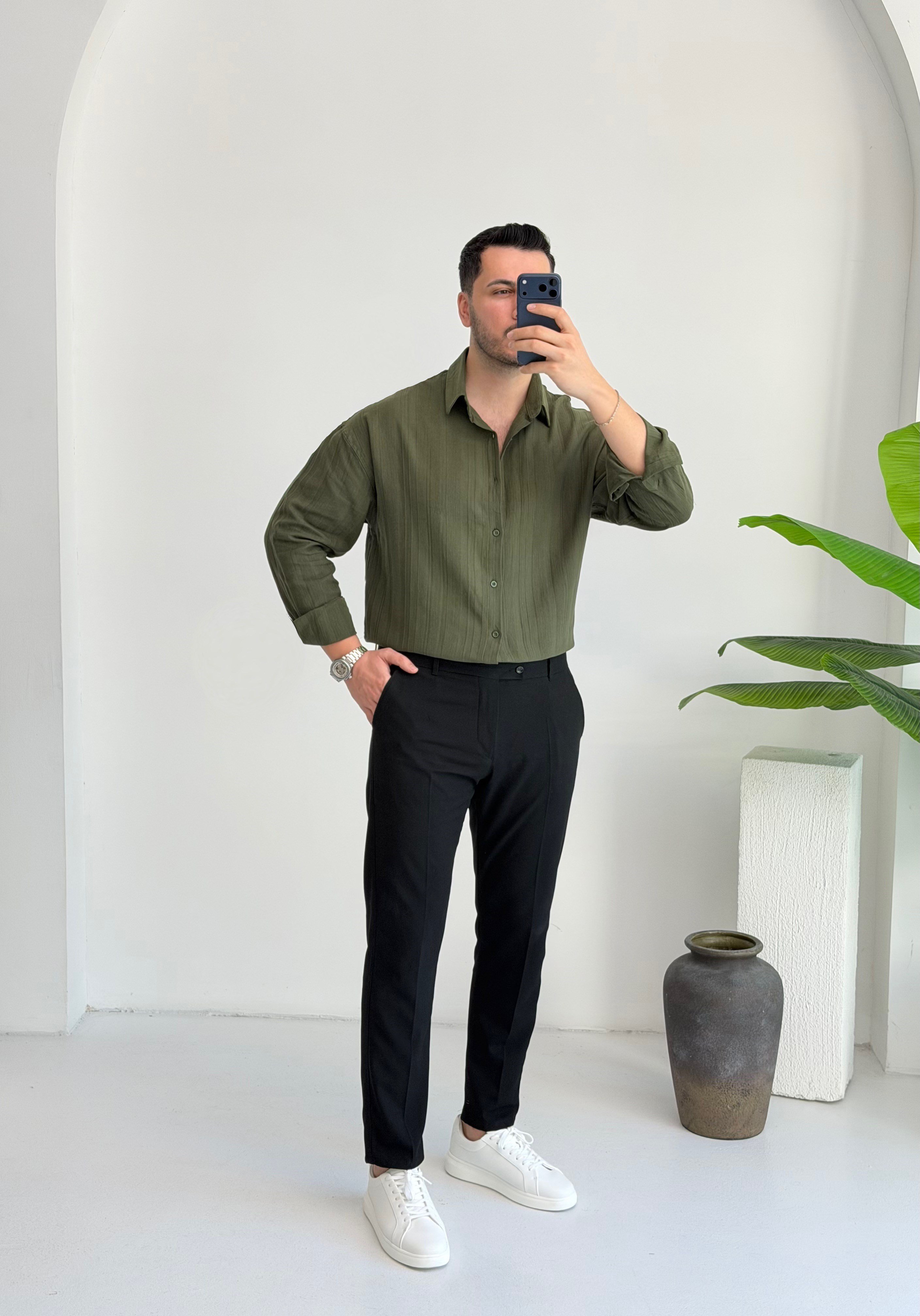 Elite Haki Oversize Müslin Keten Gömlek 
