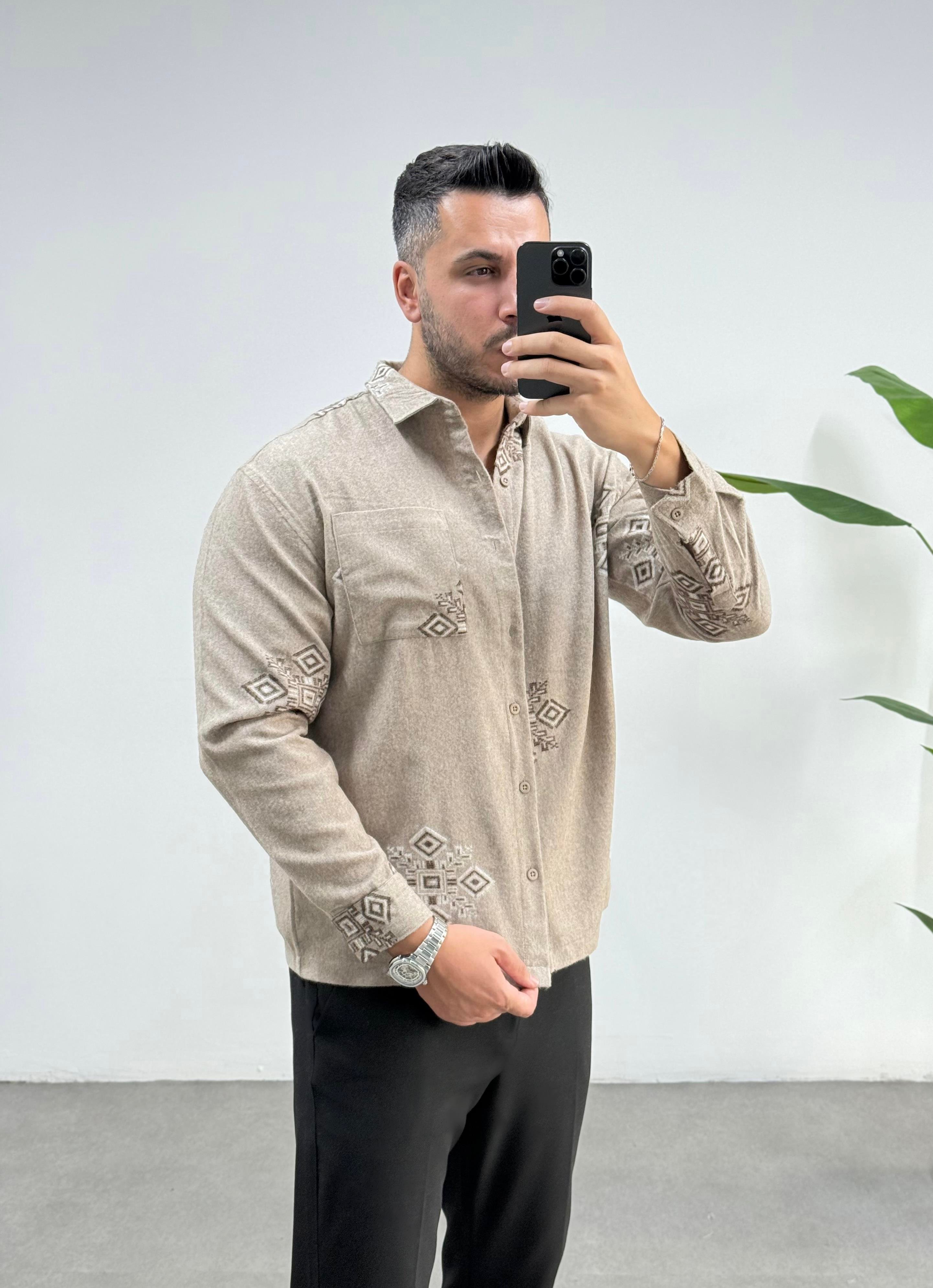 Etnik Kaşmir Bej Oversize Gömlek 