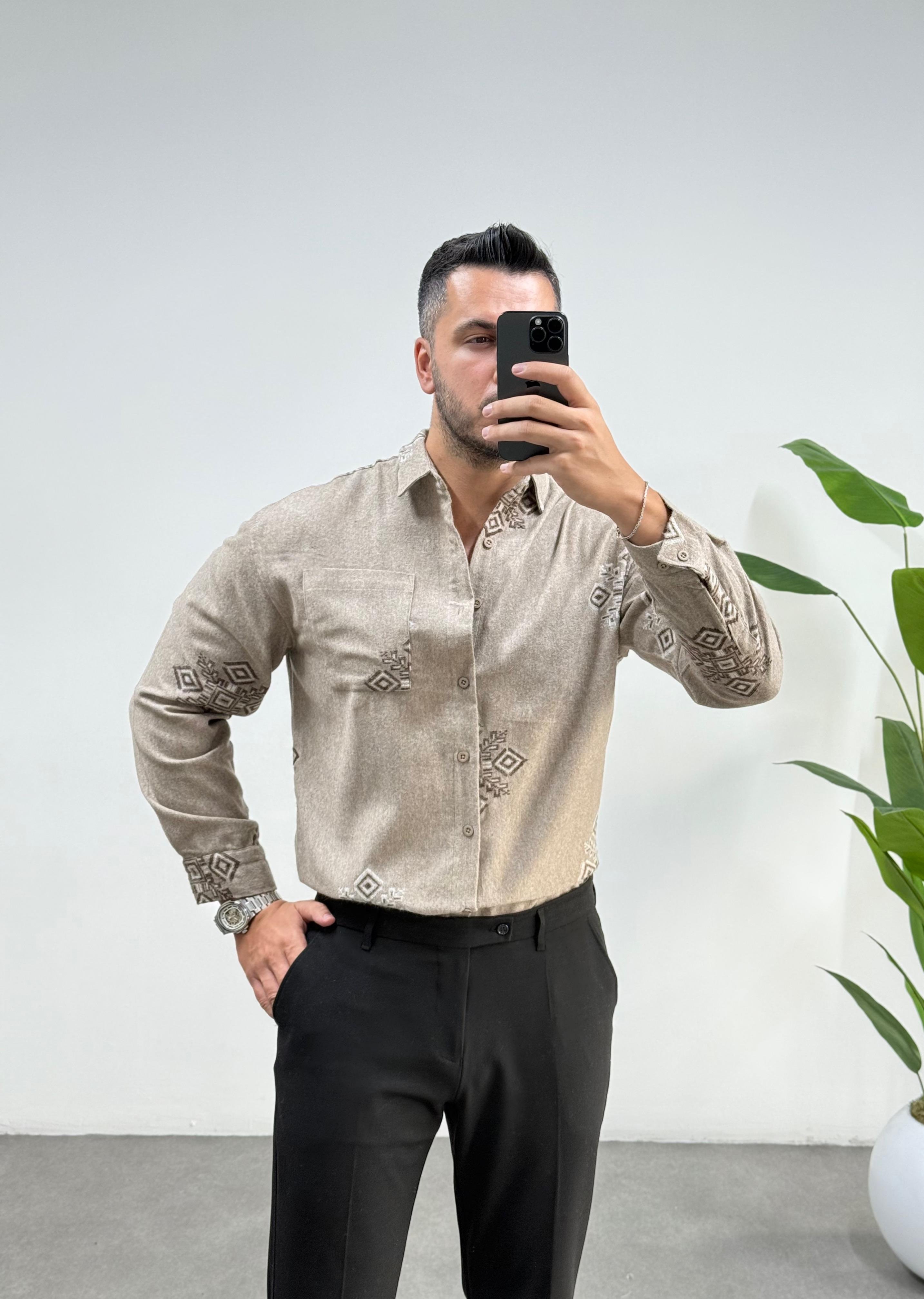Etnik Kaşmir Bej Oversize Gömlek 