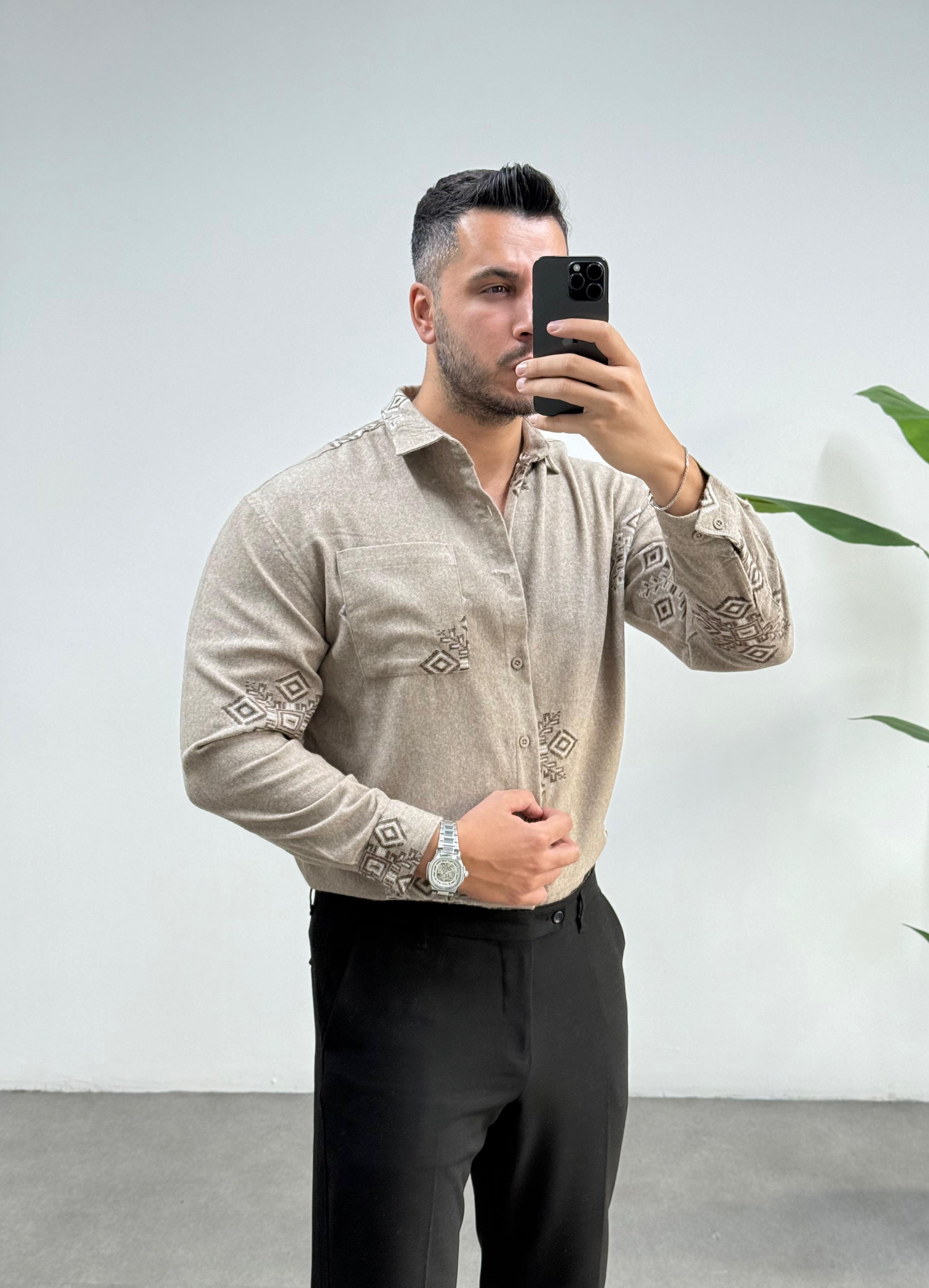Etnik Kaşmir Bej Oversize Gömlek 