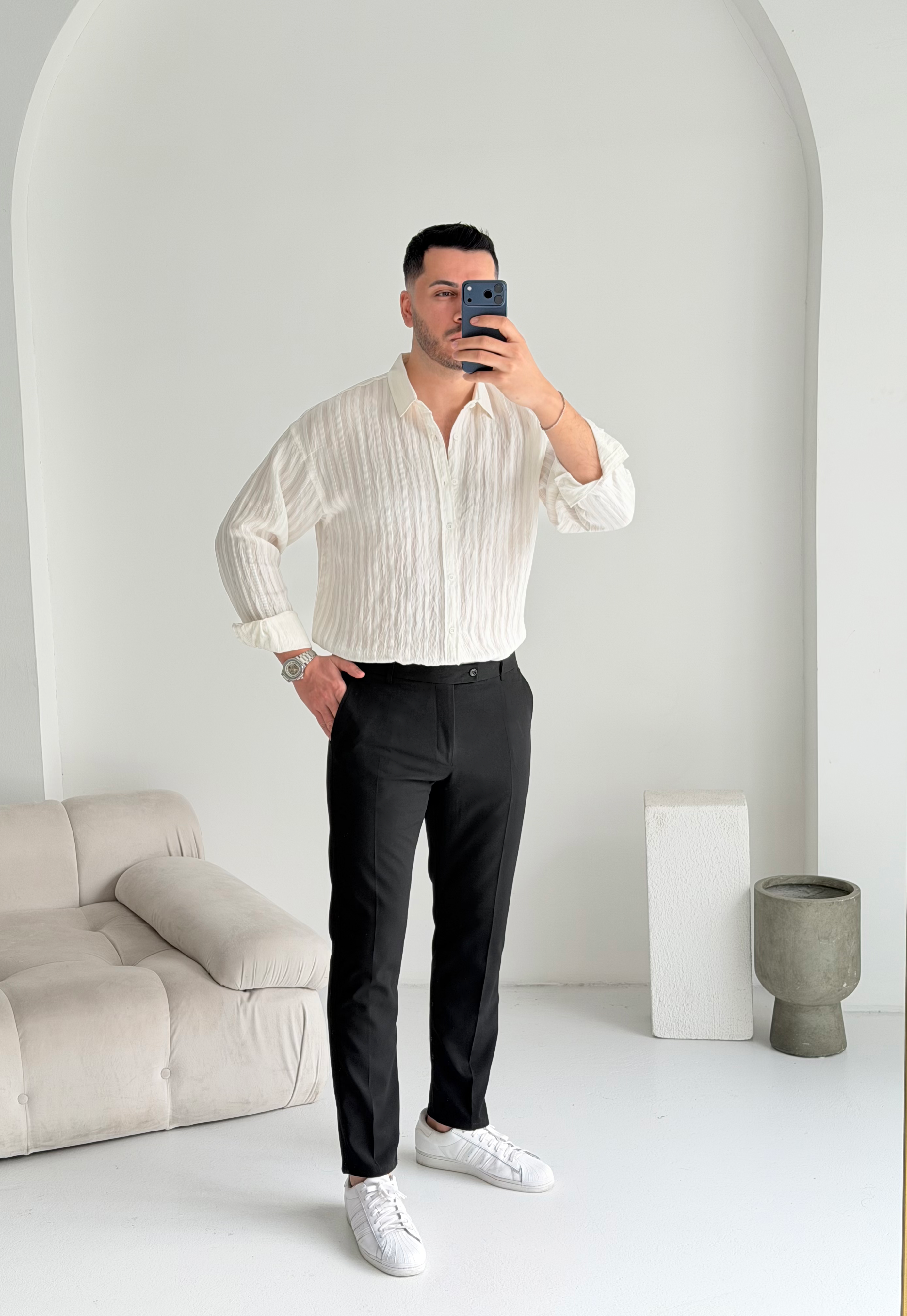 Fawer Beyaz Oversize Tensel Gömlek 