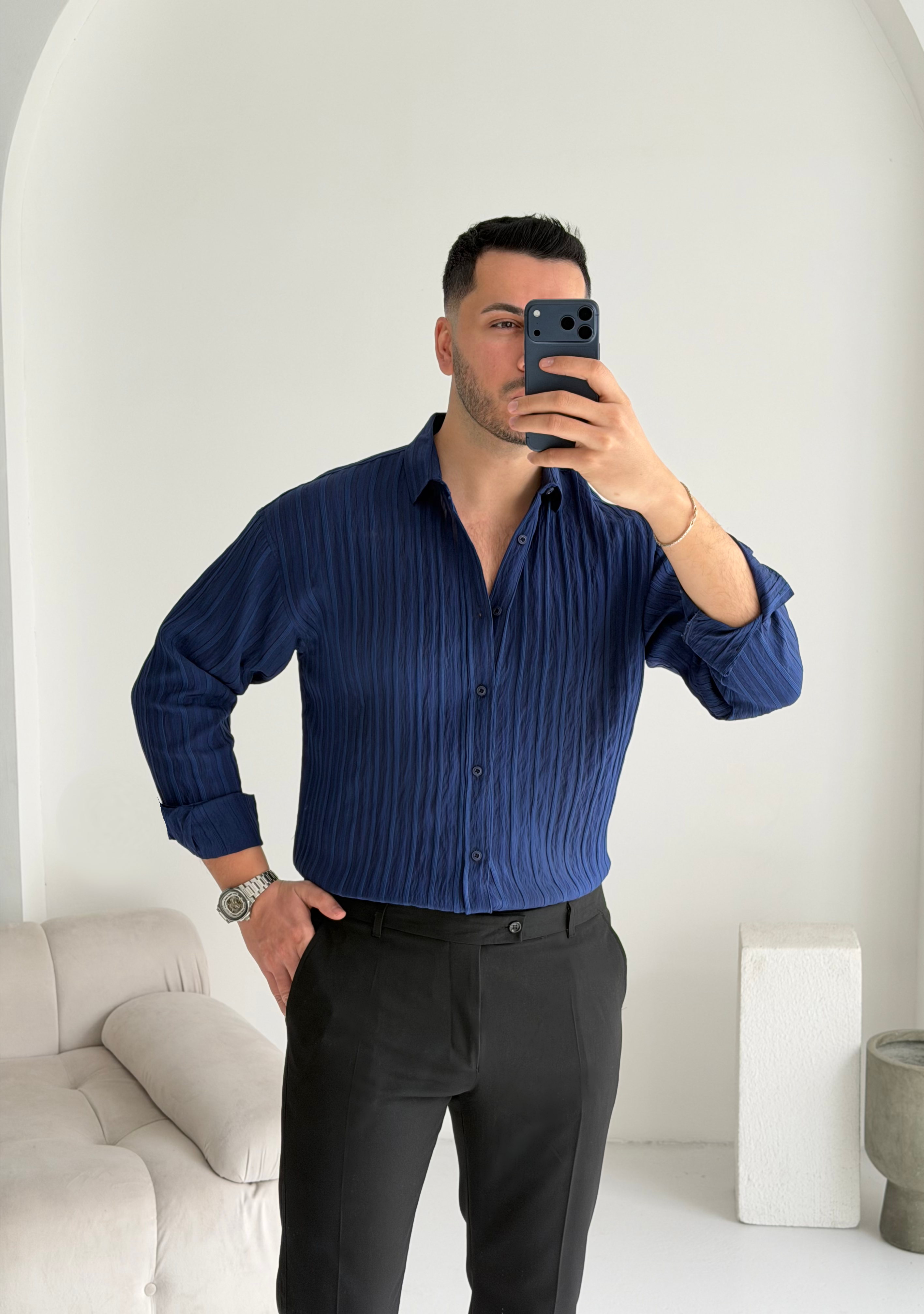 Fawer Lacivert Oversize Tensel Gömlek 