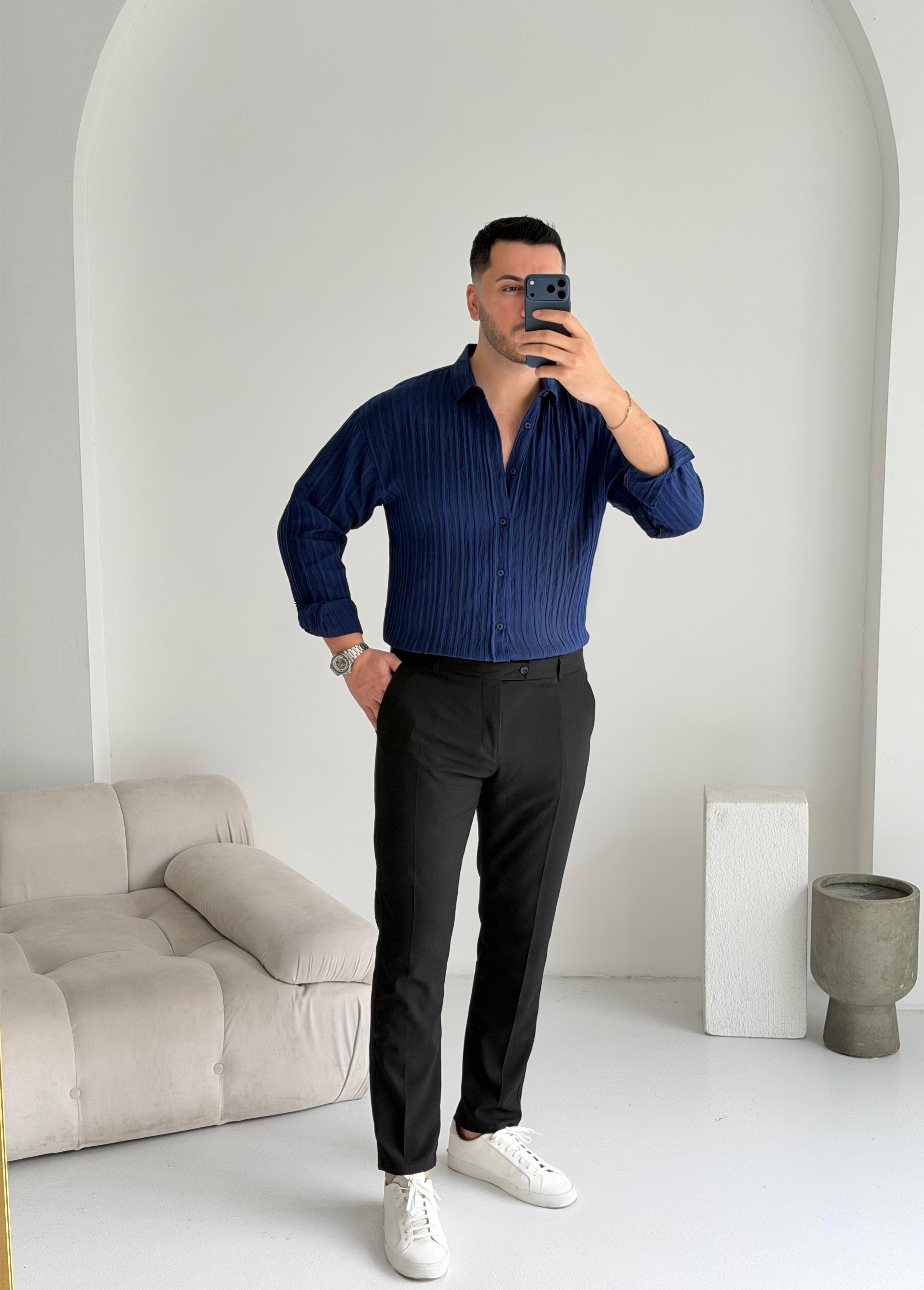 Fawer Lacivert Oversize Tensel Gömlek 