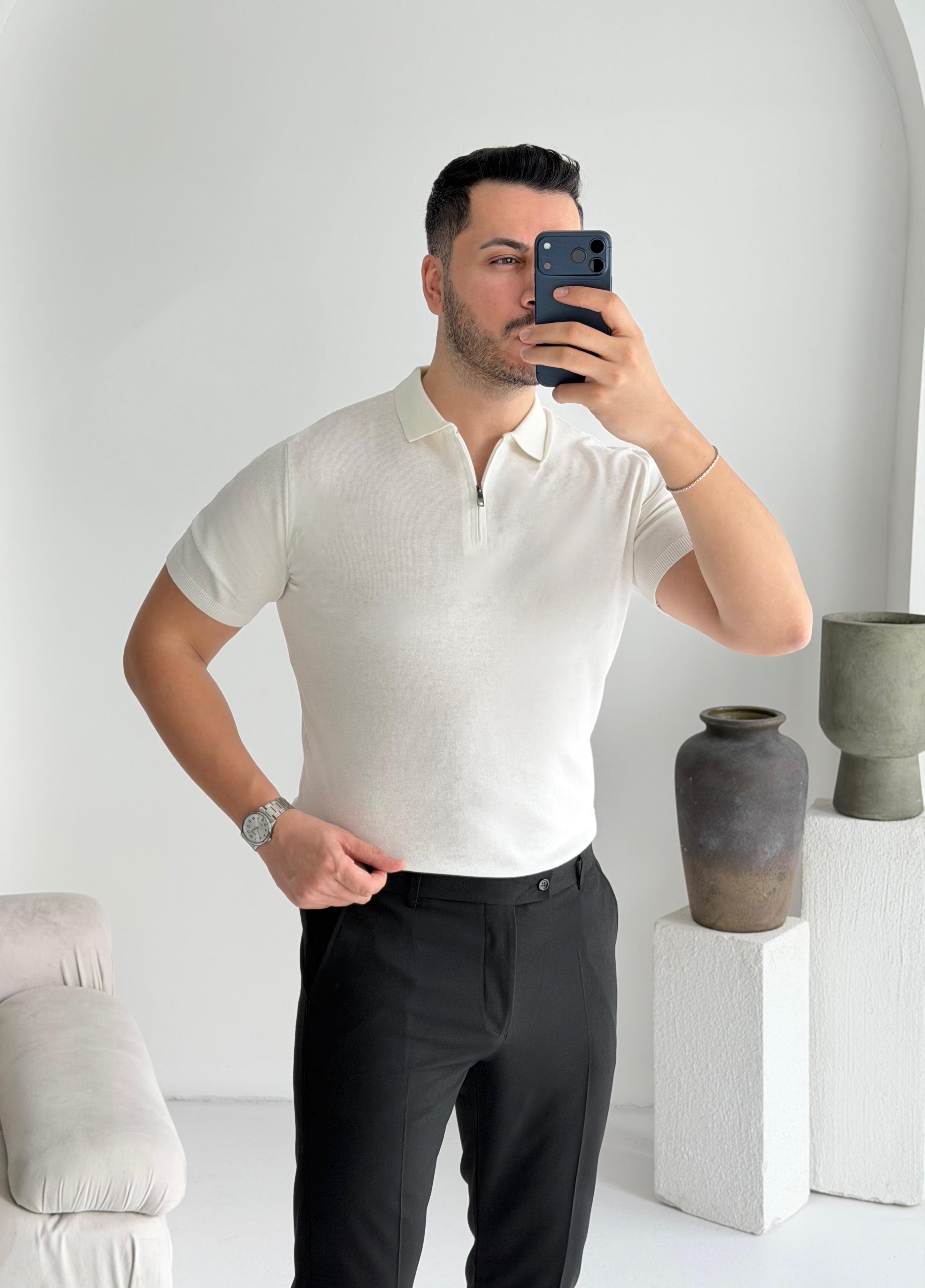 Fermuarlı Beyaz Örme Tişört