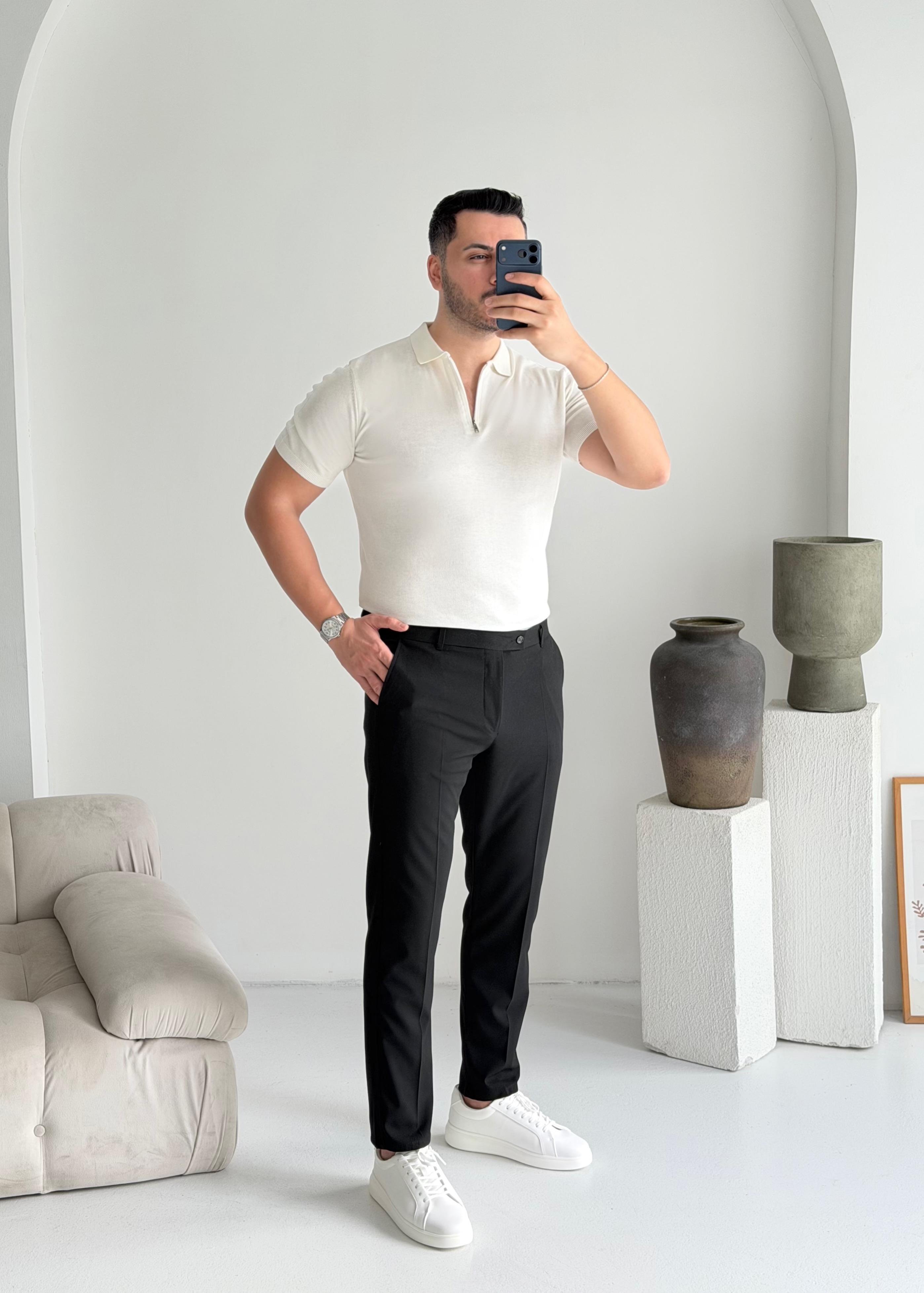 Fermuarlı Beyaz Örme Tişört