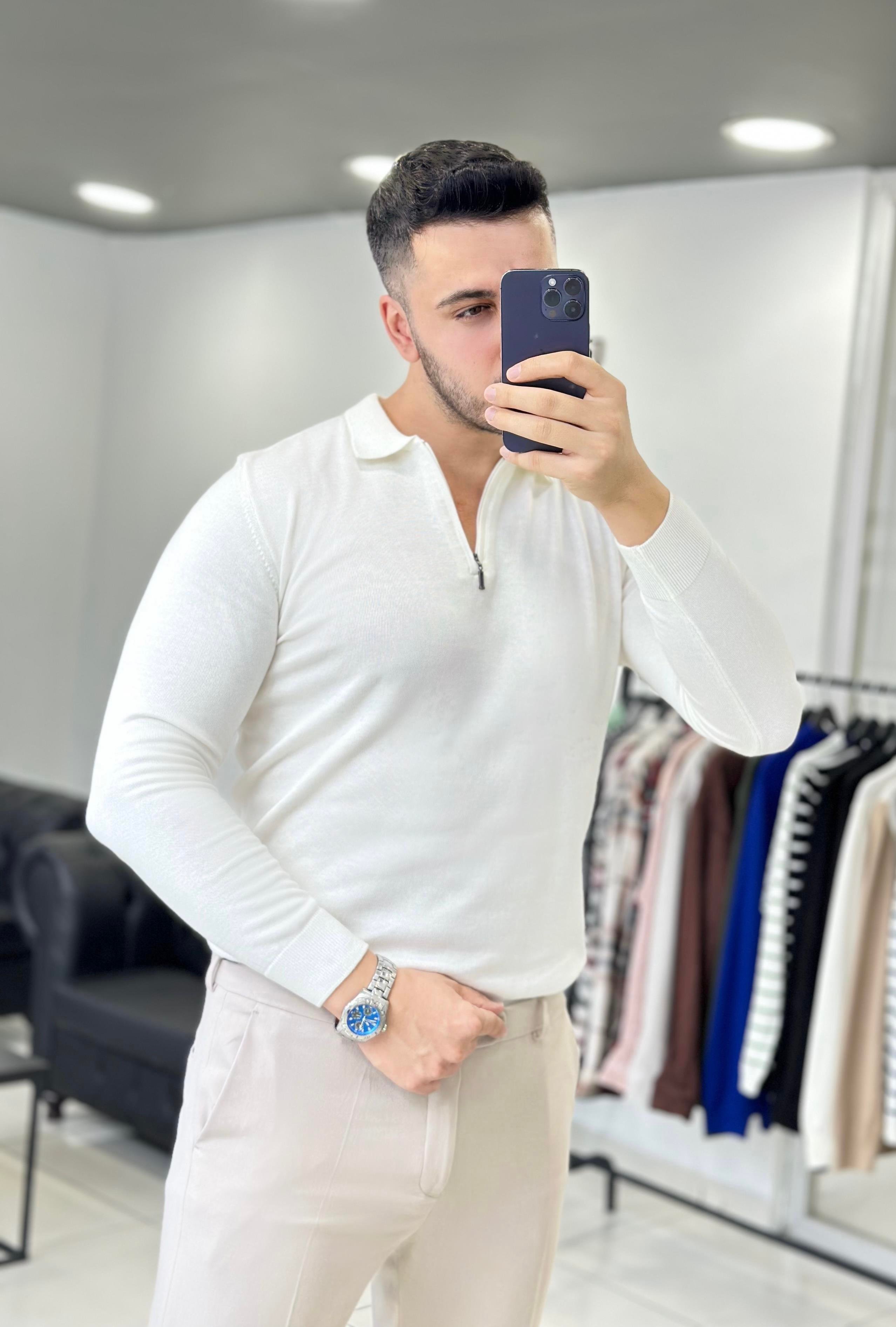 Fermuarlı Beyaz Triko Kazak