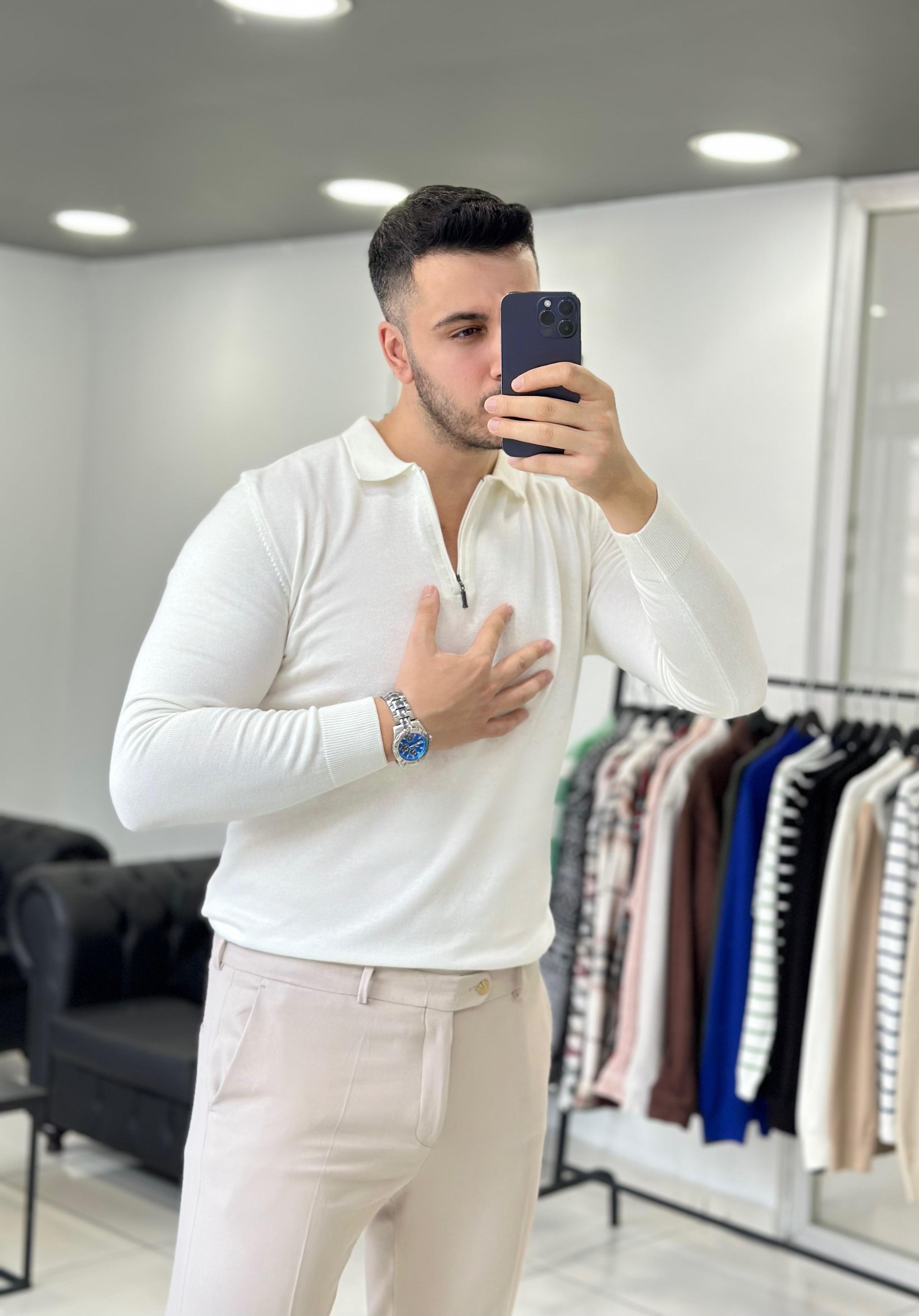 Fermuarlı Beyaz Triko Kazak