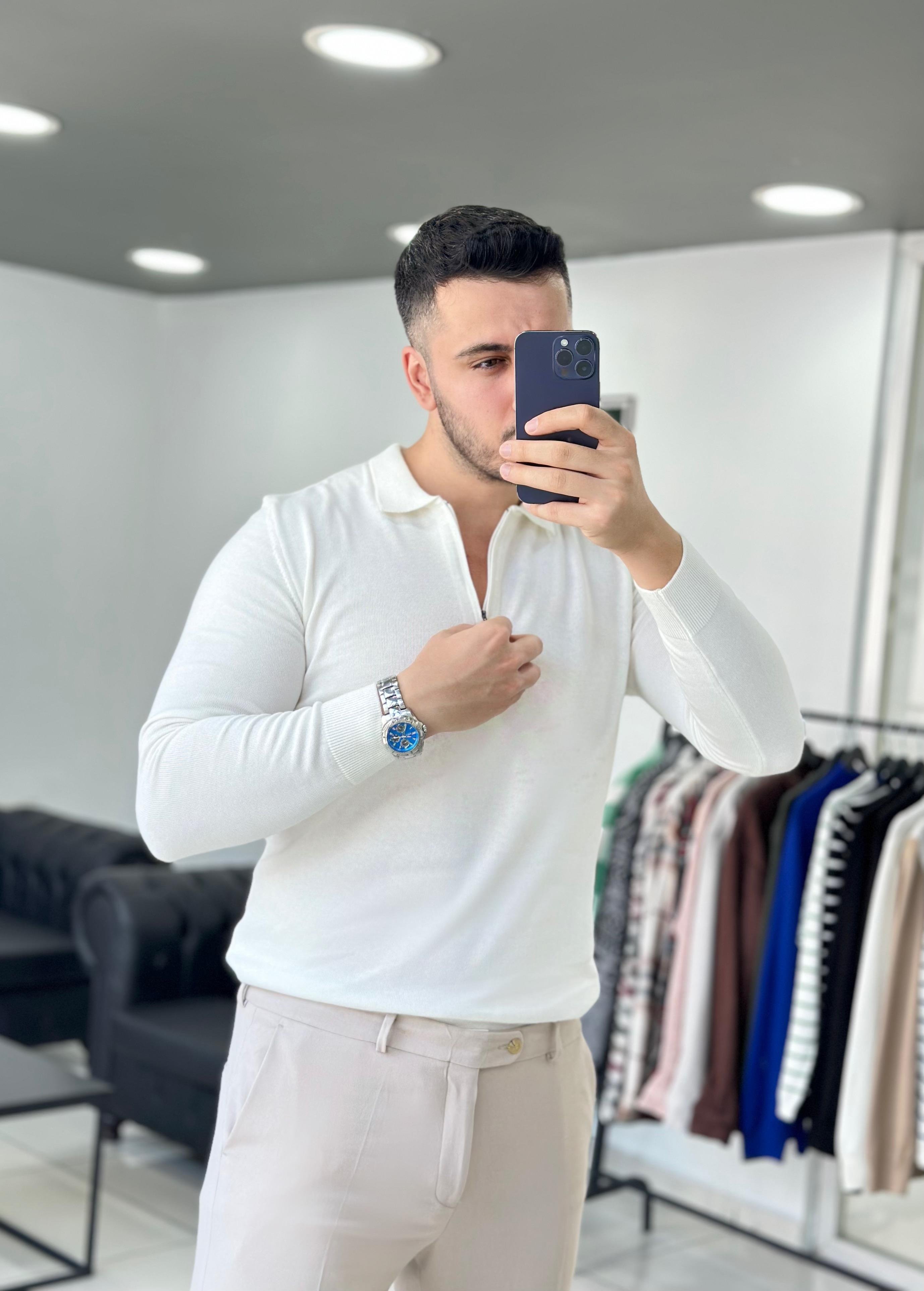 Fermuarlı Beyaz Triko Kazak