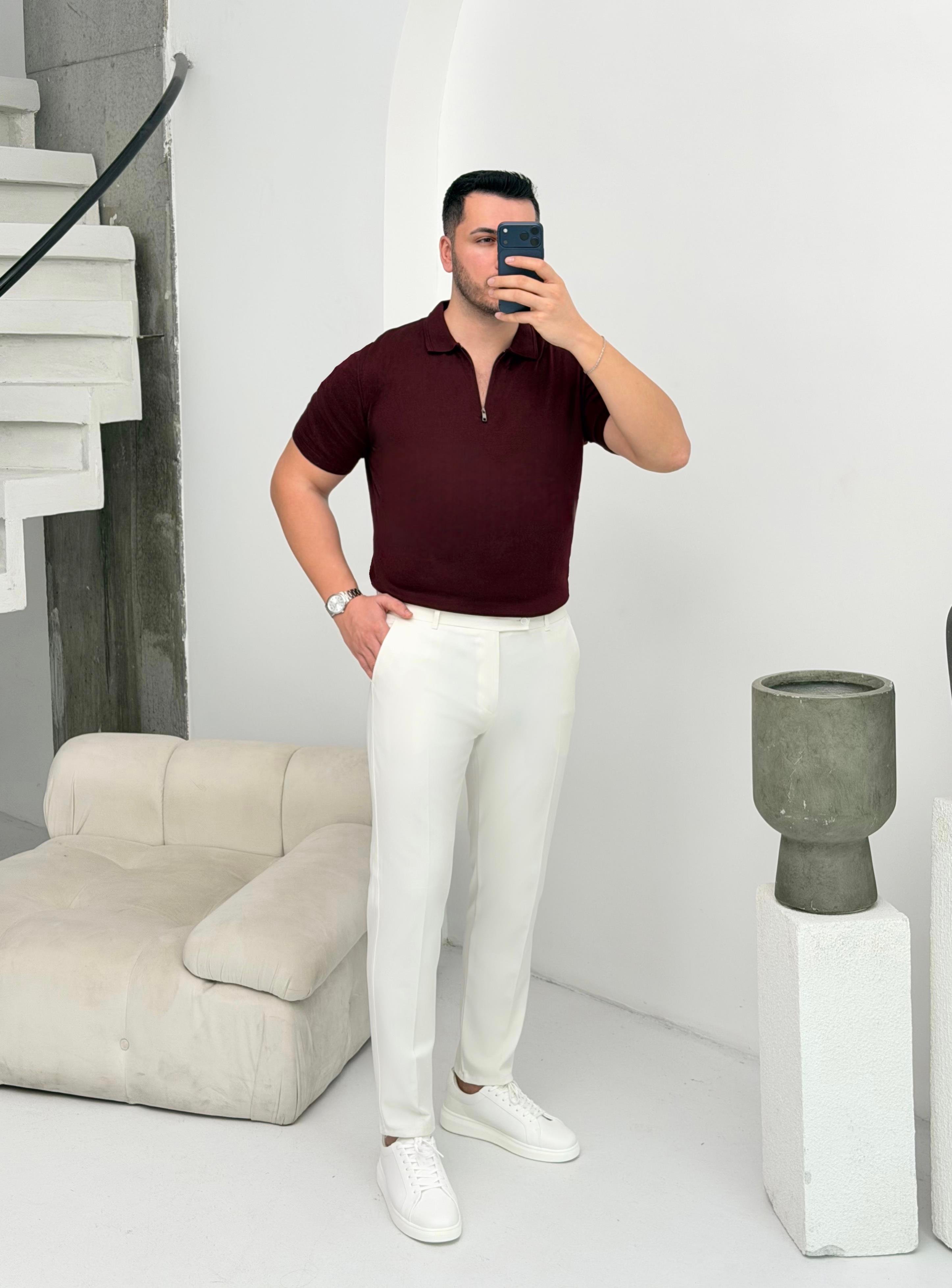 Fermuarlı Bordo Örme Tişört