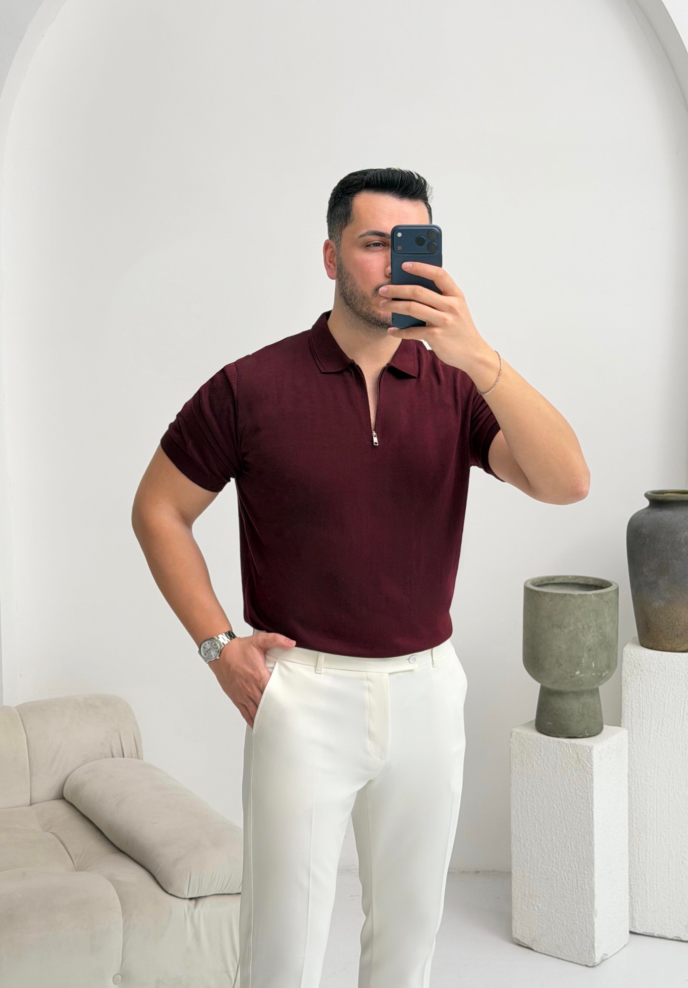Fermuarlı Bordo Örme Tişört